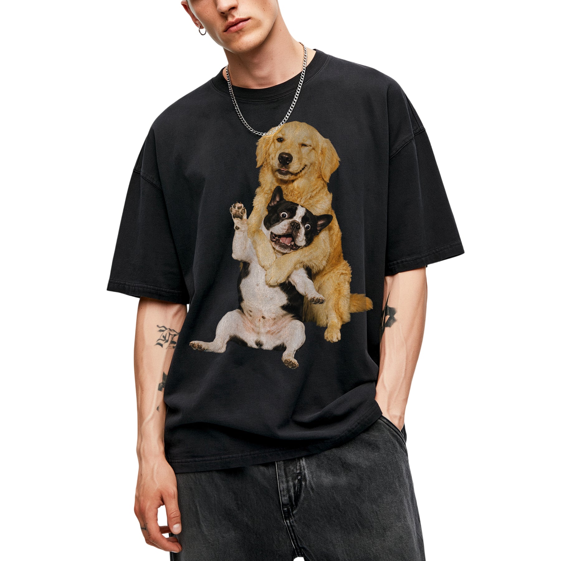 SF_COLOR=black; SF_ITEM=adult-t-shirt; SF_ROLE=main; Funny Golden Retriever Hugging Boston Terrier Dogss T-Shirt Pet Tee - Black Adult T-Shirt product image