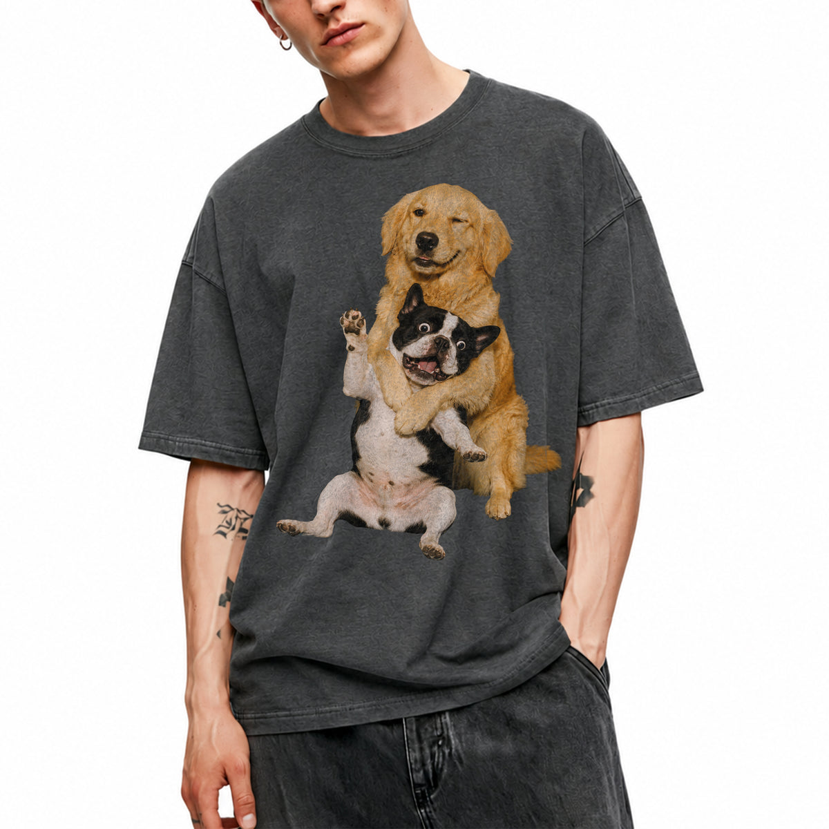 SF_COLOR=dark-heather; SF_ITEM=adult-t-shirt; SF_ROLE=main; Funny Golden Retriever Hugging Boston Terrier Dogss T-Shirt Pet Tee - Dark Heather Adult T-Shirt product image