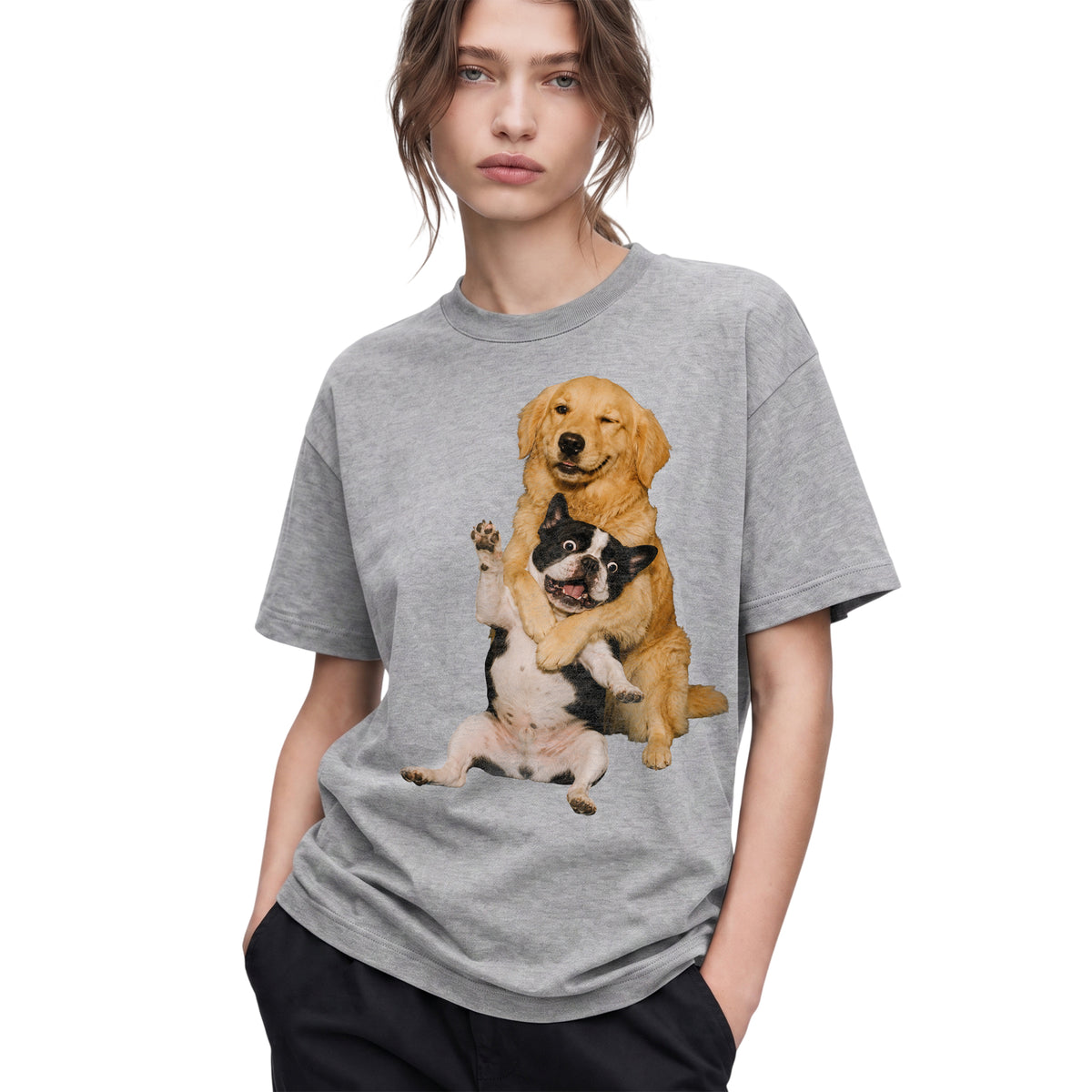SF_COLOR=sport-grey; SF_ITEM=adult-t-shirt; SF_ROLE=gallery; Funny Golden Retriever Hugging Boston Terrier Dogss T-Shirt Pet Tee - Sport Grey Adult T-Shirt product image
