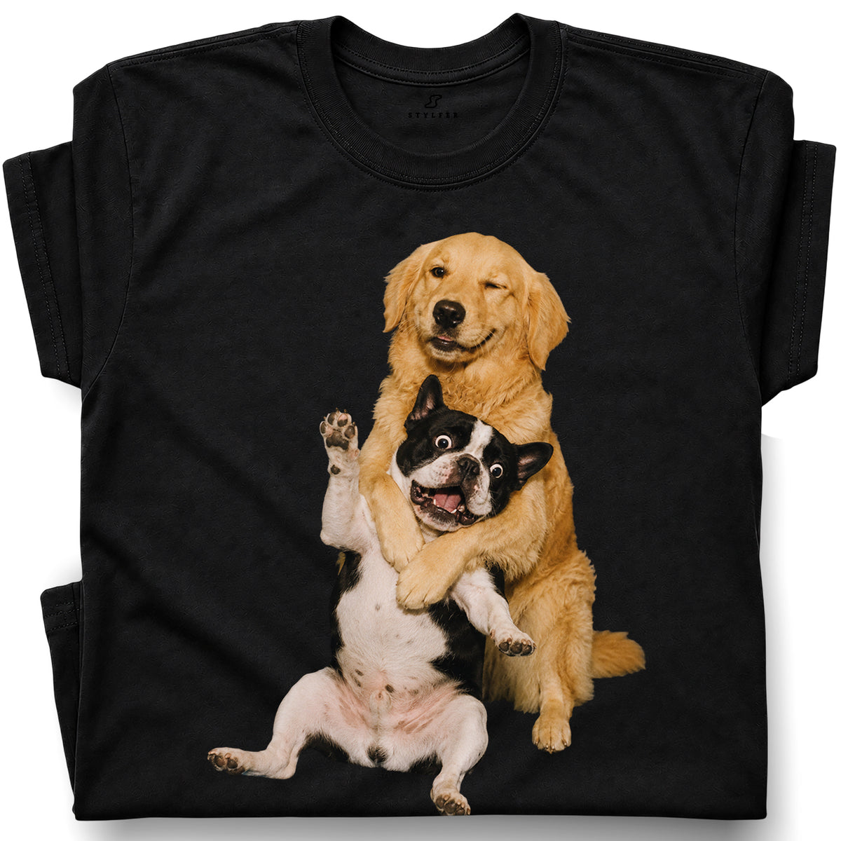 SF_COLOR=black; SF_ITEM=adult-t-shirt; SF_ROLE=gallery; Funny Golden Retriever Hugging Boston Terrier Dogss T-Shirt Pet Tee - Black Adult T-Shirt product image