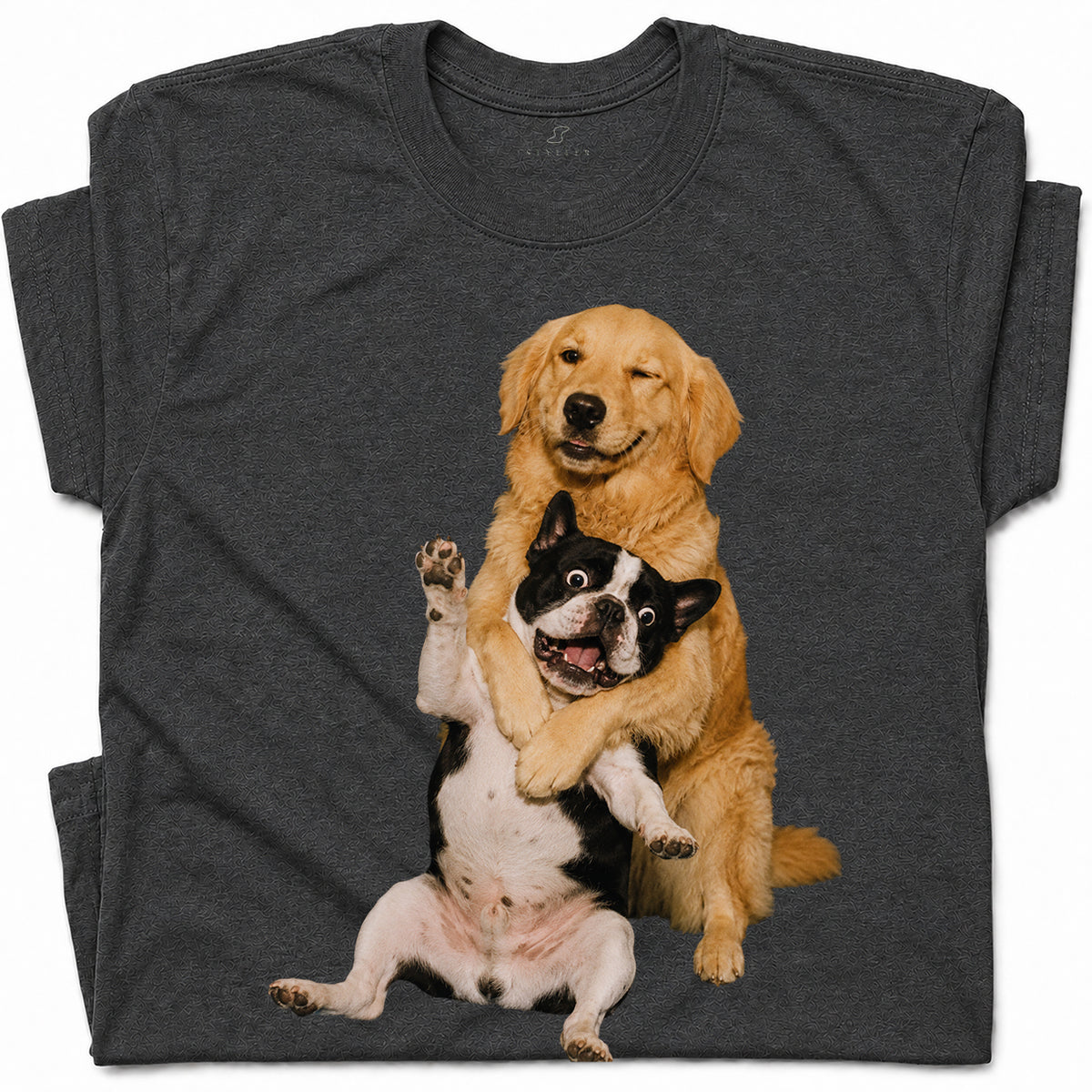 SF_COLOR=dark-heather; SF_ITEM=adult-t-shirt; SF_ROLE=gallery; Funny Golden Retriever Hugging Boston Terrier Dogss T-Shirt Pet Tee - Dark Heather Adult T-Shirt product image