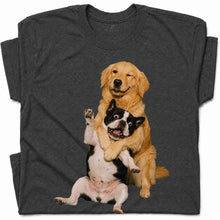 SF_COLOR=dark-heather; SF_ITEM=adult-t-shirt; SF_ROLE=gallery; Funny Golden Retriever Hugging Boston Terrier Dogss T-Shirt Pet Tee - Dark Heather Adult T-Shirt product image