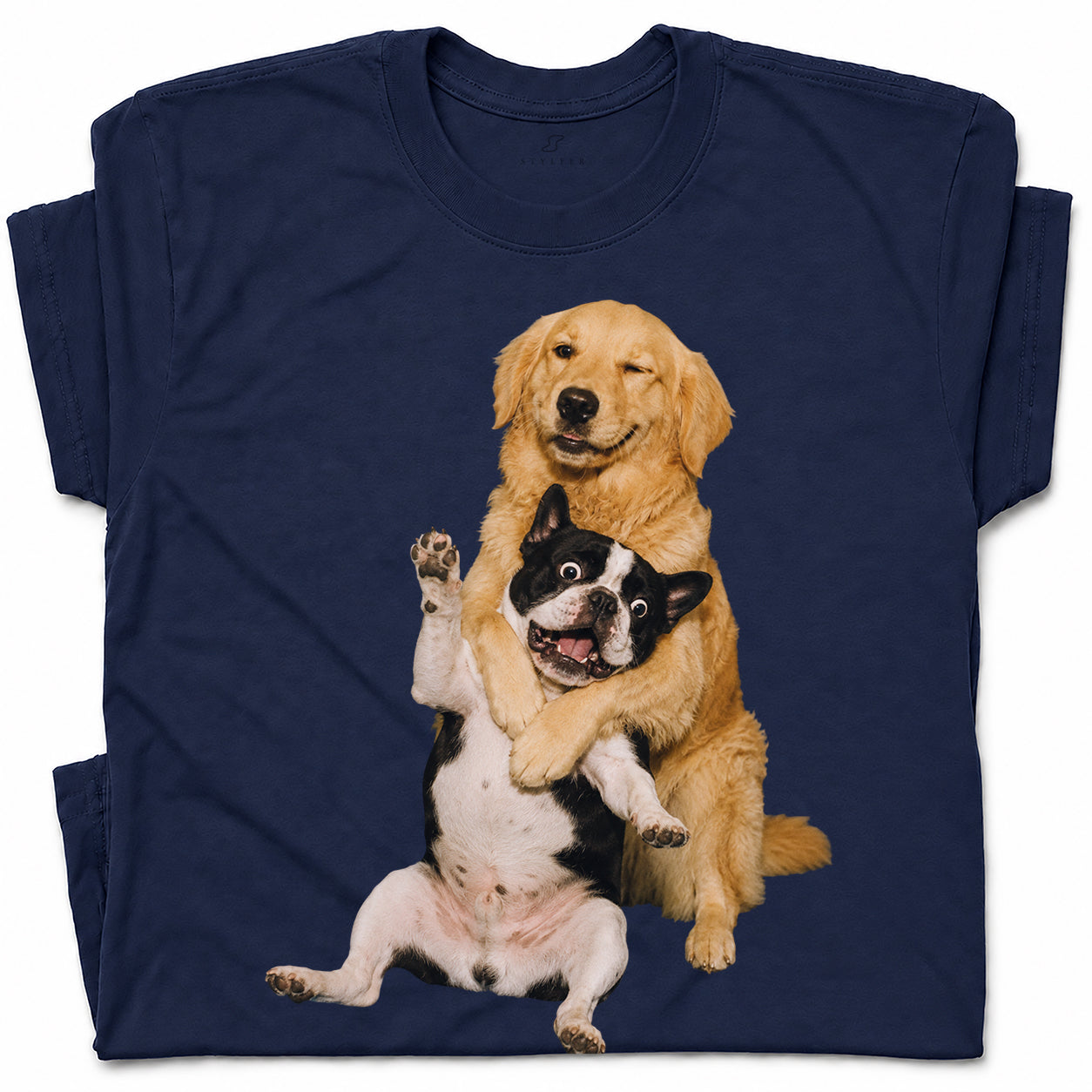 SF_COLOR=navy; SF_ITEM=adult-t-shirt; SF_ROLE=gallery; Funny Golden Retriever Hugging Boston Terrier Dogss T-Shirt Pet Tee - Navy Adult T-Shirt product image