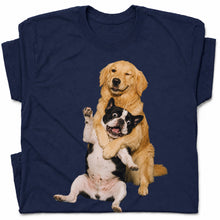 SF_COLOR=navy; SF_ITEM=adult-t-shirt; SF_ROLE=gallery; Funny Golden Retriever Hugging Boston Terrier Dogss T-Shirt Pet Tee - Navy Adult T-Shirt product image
