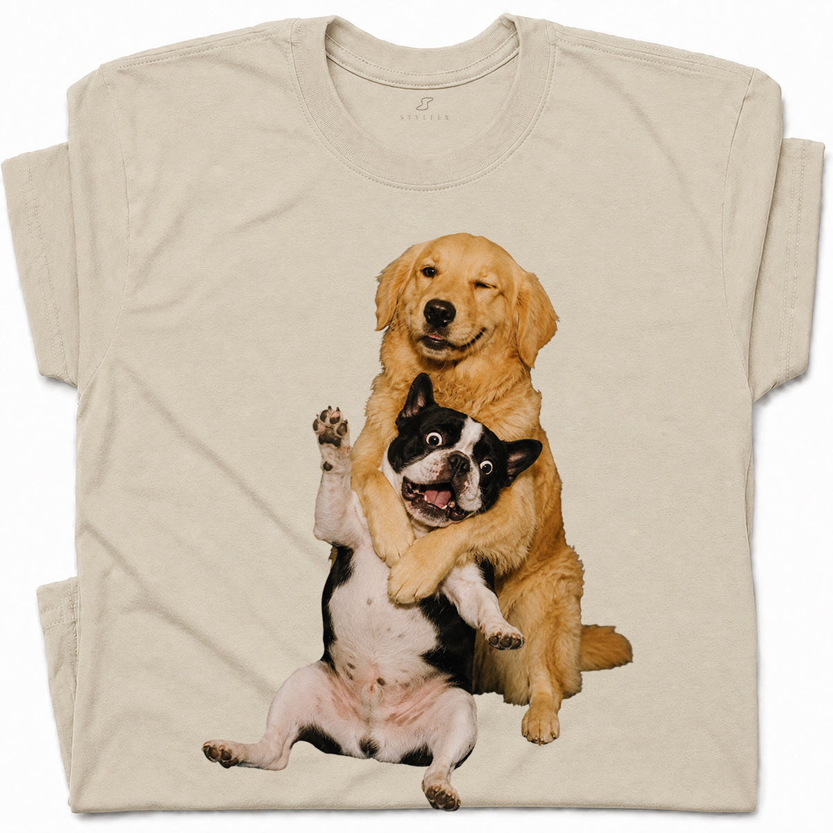 SF_COLOR=sand; SF_ITEM=adult-t-shirt; SF_ROLE=gallery; Funny Golden Retriever Hugging Boston Terrier Dogss T-Shirt Pet Tee - Sand Adult T-Shirt product image