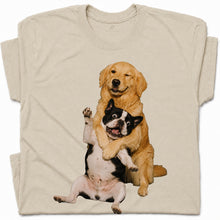 SF_COLOR=sand; SF_ITEM=adult-t-shirt; SF_ROLE=gallery; Funny Golden Retriever Hugging Boston Terrier Dogss T-Shirt Pet Tee - Sand Adult T-Shirt product image