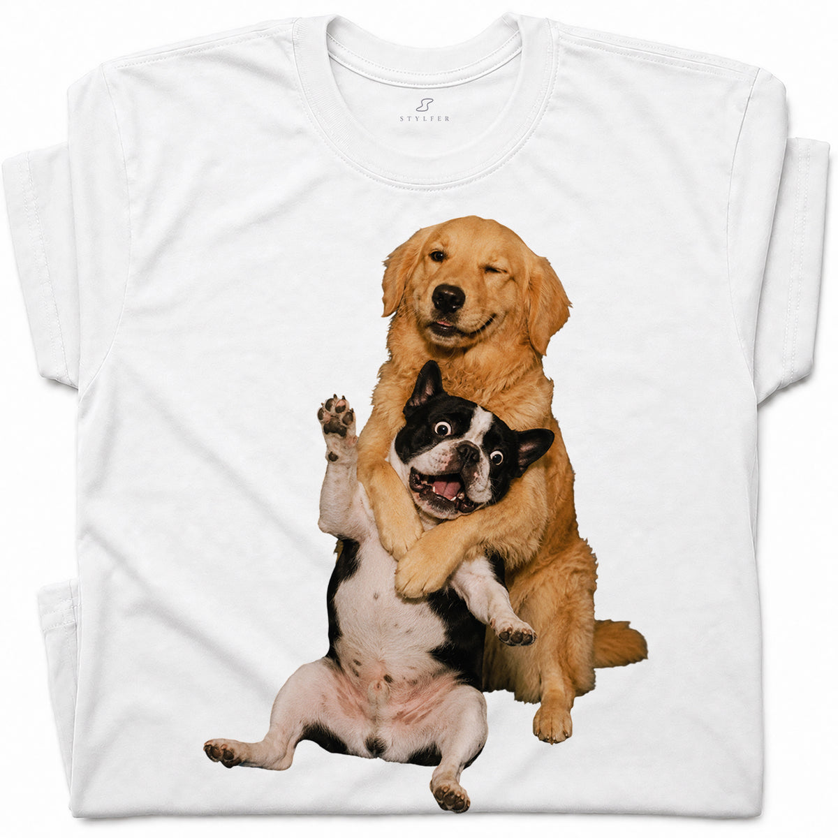 SF_COLOR=white; SF_ITEM=adult-t-shirt; SF_ROLE=gallery; Funny Golden Retriever Hugging Boston Terrier Dogss T-Shirt Pet Tee - White Adult T-Shirt product image