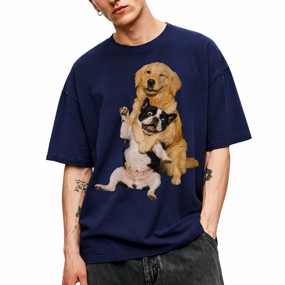 SF_COLOR=navy; SF_ITEM=adult-t-shirt; SF_ROLE=main; Funny Golden Retriever Hugging Boston Terrier Dogss T-Shirt Pet Tee - Navy Adult T-Shirt product image