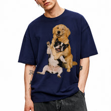 SF_COLOR=navy; SF_ITEM=adult-t-shirt; SF_ROLE=main; Funny Golden Retriever Hugging Boston Terrier Dogss T-Shirt Pet Tee - Navy Adult T-Shirt product image