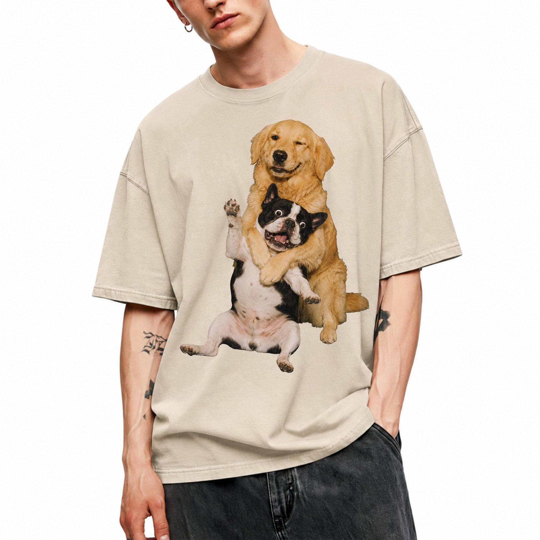 SF_COLOR=sand; SF_ITEM=adult-t-shirt; SF_ROLE=main; Funny Golden Retriever Hugging Boston Terrier Dogss T-Shirt Pet Tee - Sand Adult T-Shirt product image