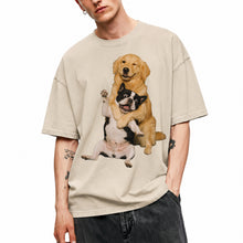SF_COLOR=sand; SF_ITEM=adult-t-shirt; SF_ROLE=main; Funny Golden Retriever Hugging Boston Terrier Dogss T-Shirt Pet Tee - Sand Adult T-Shirt product image