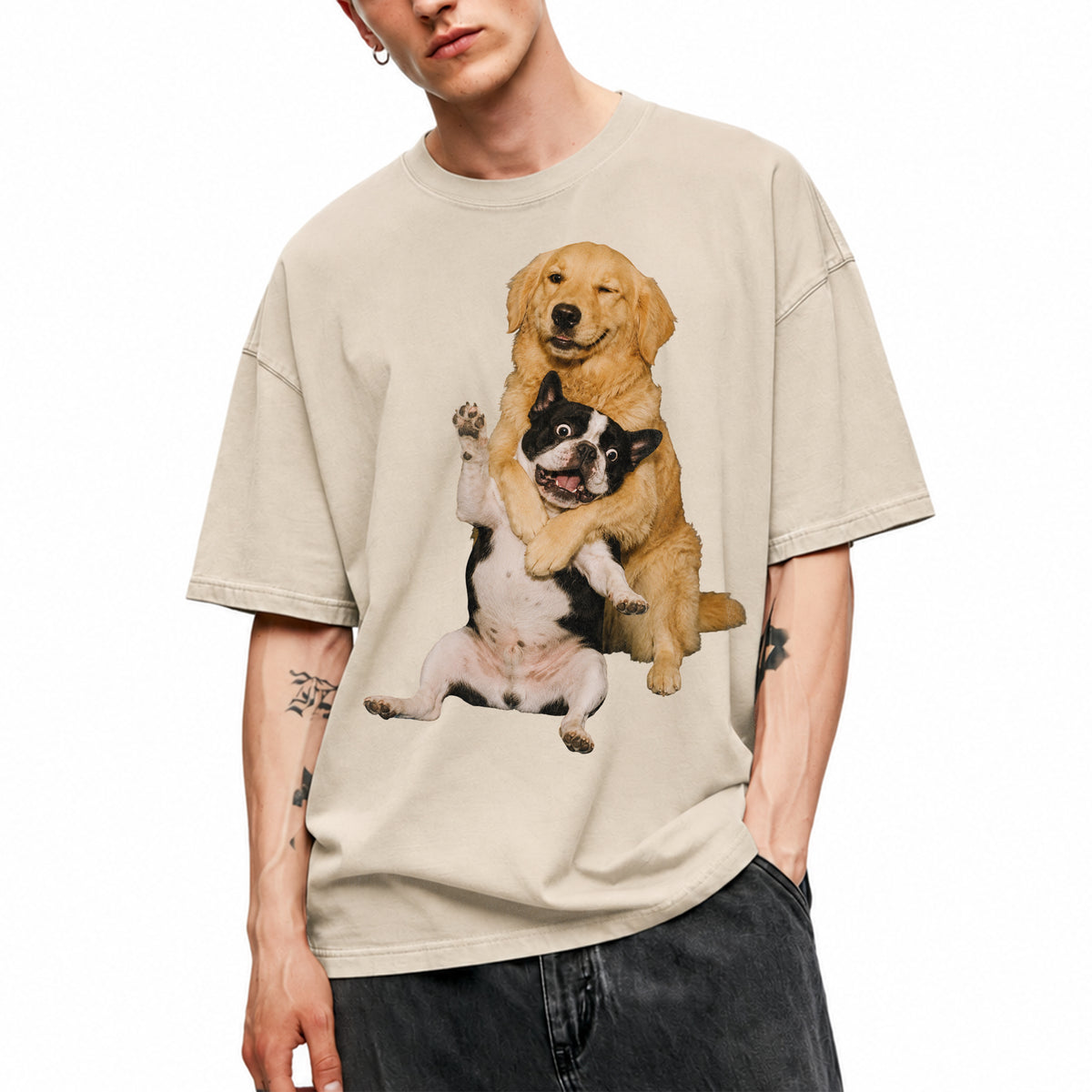 SF_COLOR=sand; SF_ITEM=adult-t-shirt; SF_ROLE=main; Funny Golden Retriever Hugging Boston Terrier Dogss T-Shirt Pet Tee - Sand Adult T-Shirt product image