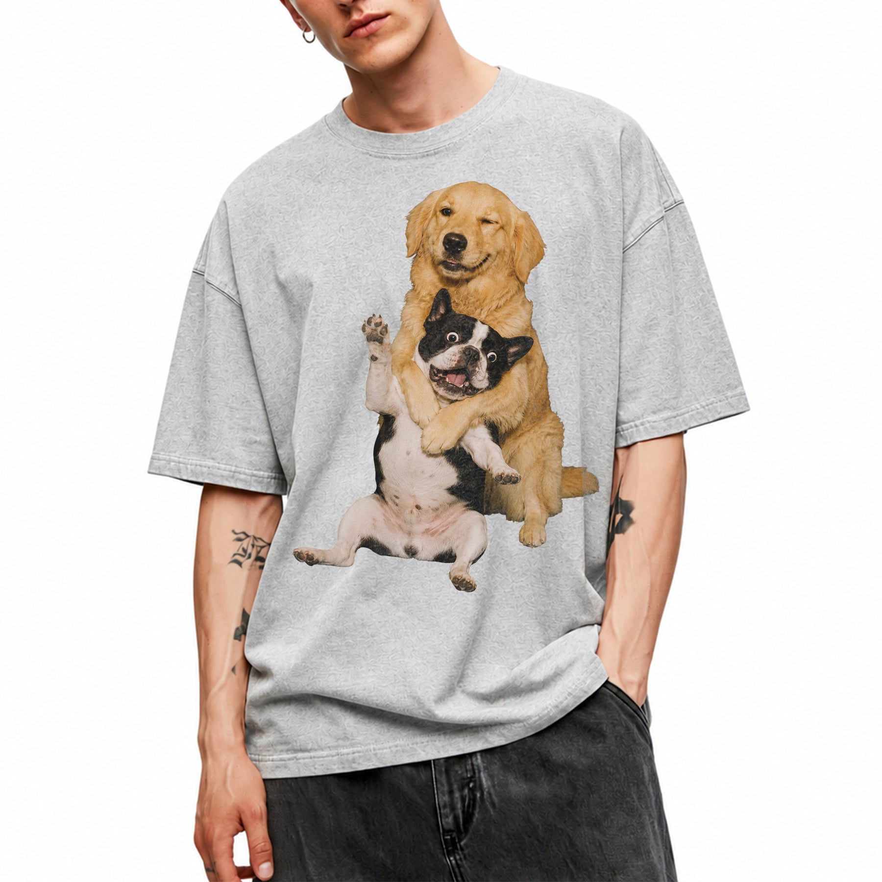 SF_COLOR=sport-grey; SF_ITEM=adult-t-shirt; SF_ROLE=main; Funny Golden Retriever Hugging Boston Terrier Dogss T-Shirt Pet Tee - Sport Grey Adult T-Shirt product image
