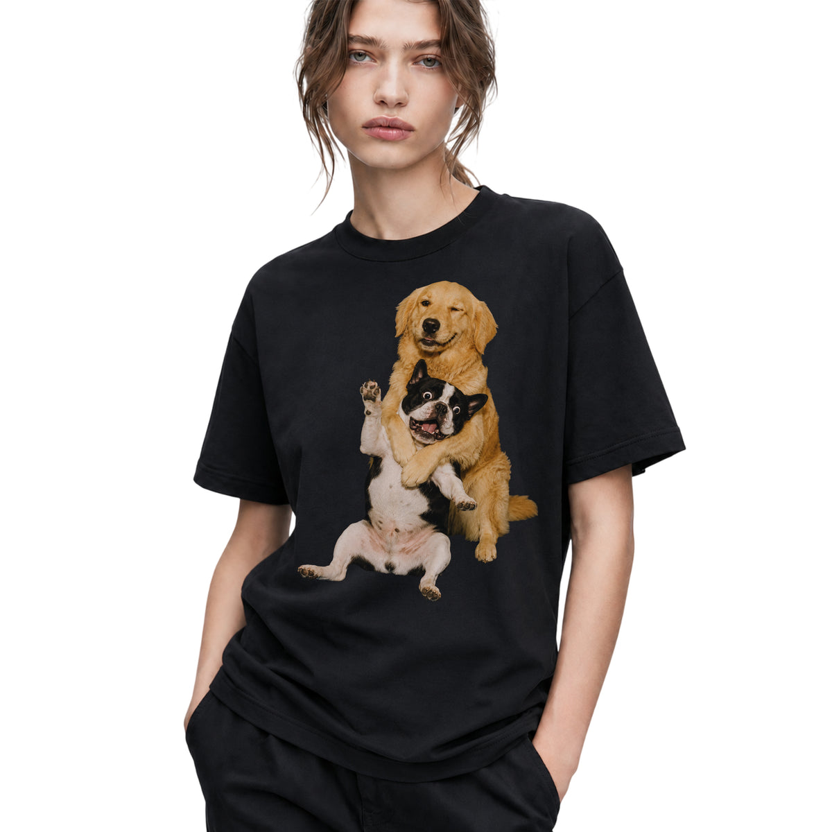 SF_COLOR=black; SF_ITEM=adult-t-shirt; SF_ROLE=gallery; Funny Golden Retriever Hugging Boston Terrier Dogss T-Shirt Pet Tee - Black Adult T-Shirt product image