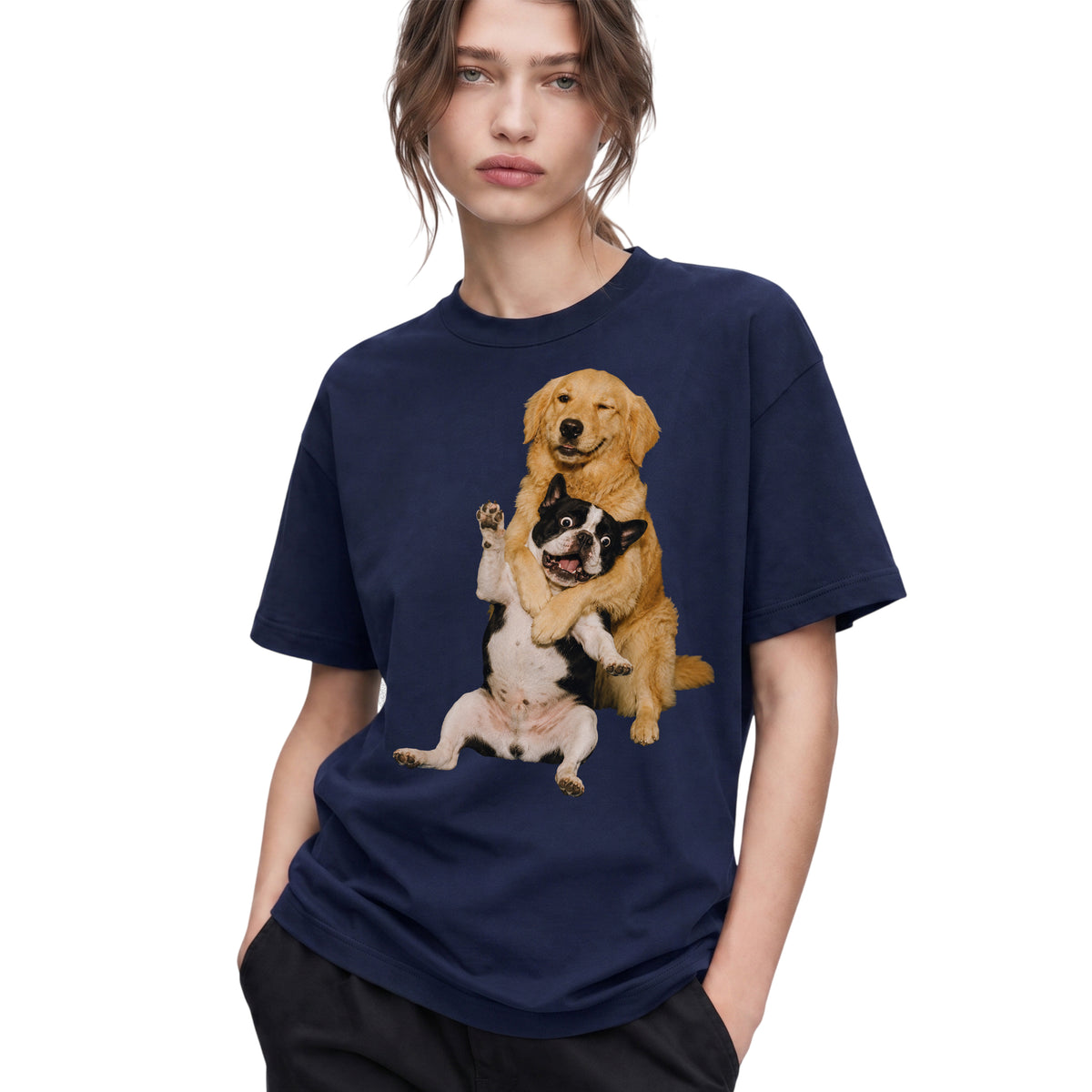 SF_COLOR=navy; SF_ITEM=adult-t-shirt; SF_ROLE=gallery; Funny Golden Retriever Hugging Boston Terrier Dogss T-Shirt Pet Tee - Navy Adult T-Shirt product image