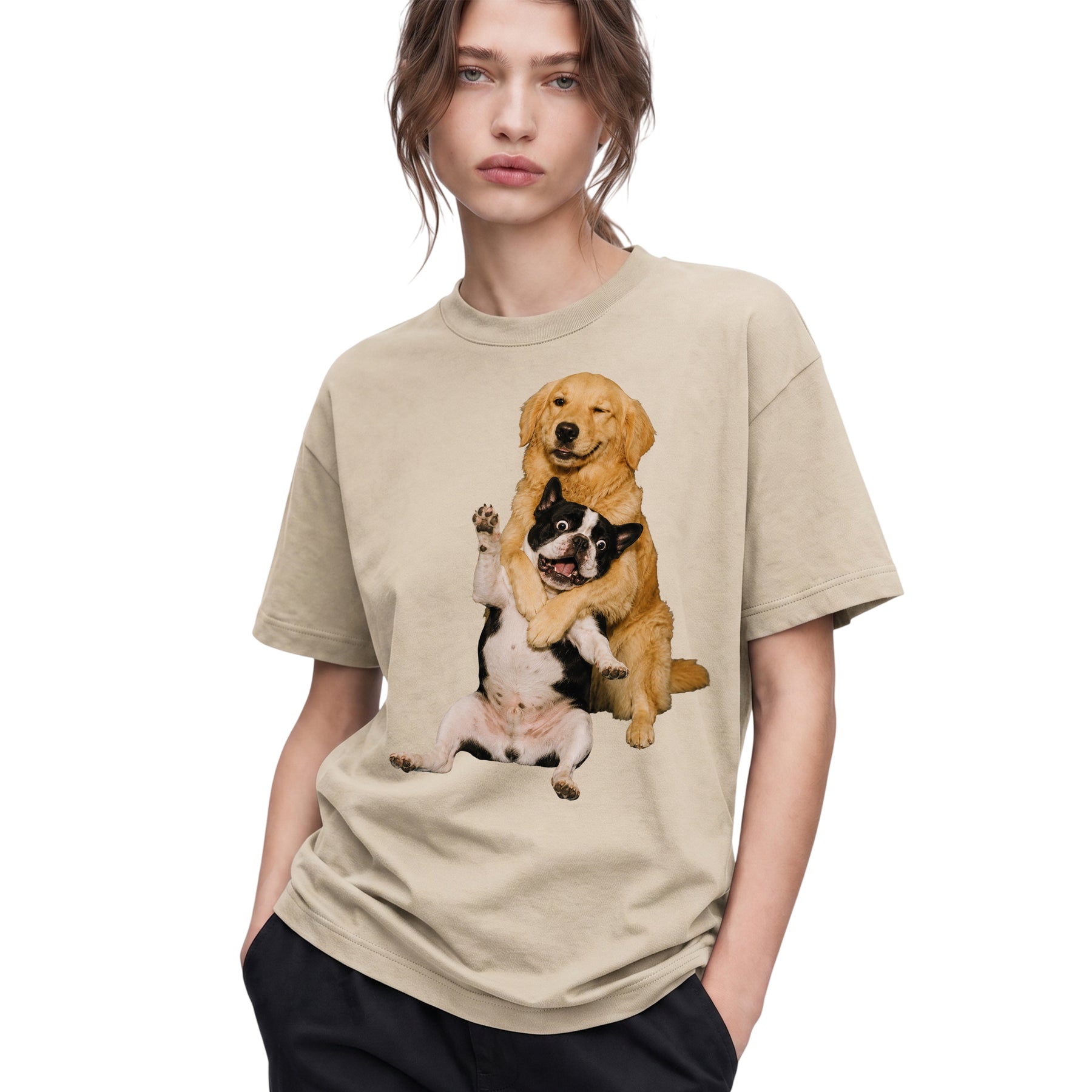 SF_COLOR=sand; SF_ITEM=adult-t-shirt; SF_ROLE=gallery; Funny Golden Retriever Hugging Boston Terrier Dogss T-Shirt Pet Tee - Sand Adult T-Shirt product image