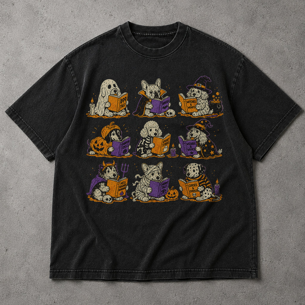 SF_COLOR=black; SF_ITEM=adult-t-shirt; SF_ROLE=main; Funny Halloween Dogs Reading T-Shirt Spooky Puppy Costumes Retro Comic Apparel - Black Adult T-Shirt product image