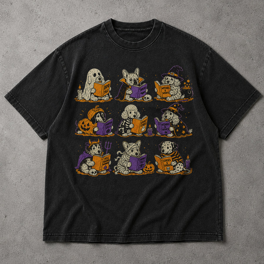 Funny Halloween Dogs Reading T-Shirt Spooky Puppy Costumes Retro Comic Apparel