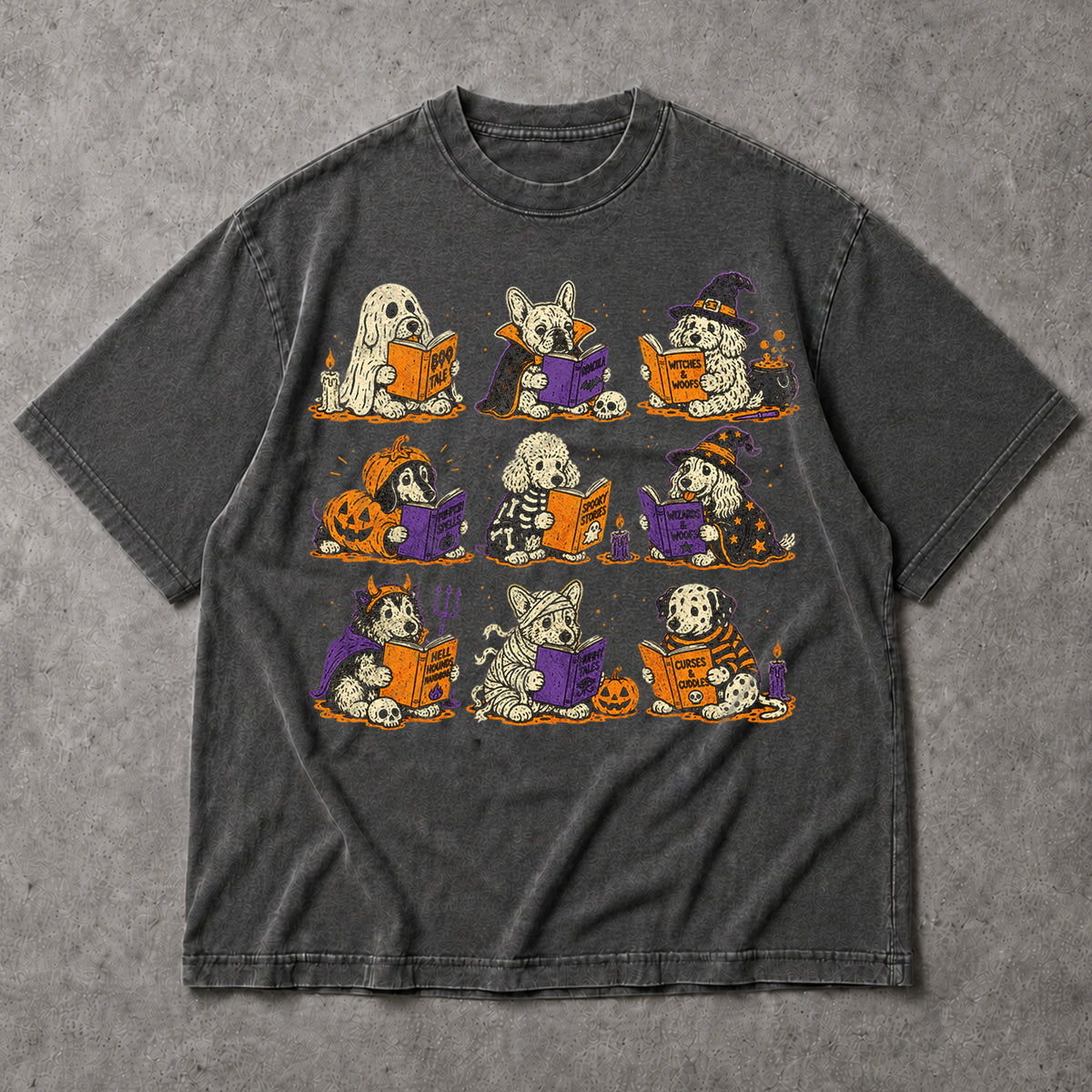 SF_COLOR=dark-heather; SF_ITEM=adult-t-shirt; SF_ROLE=main; Funny Halloween Dogs Reading T-Shirt Spooky Puppy Costumes Retro Comic Apparel - Dark Heather Adult T-Shirt product image
