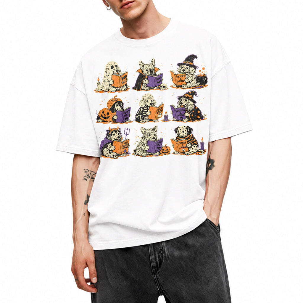 SF_COLOR=white; SF_ITEM=adult-t-shirt; SF_ROLE=gallery; Funny Halloween Dogs Reading T-Shirt Spooky Puppy Costumes Retro Comic Apparel - White Adult T-Shirt product image