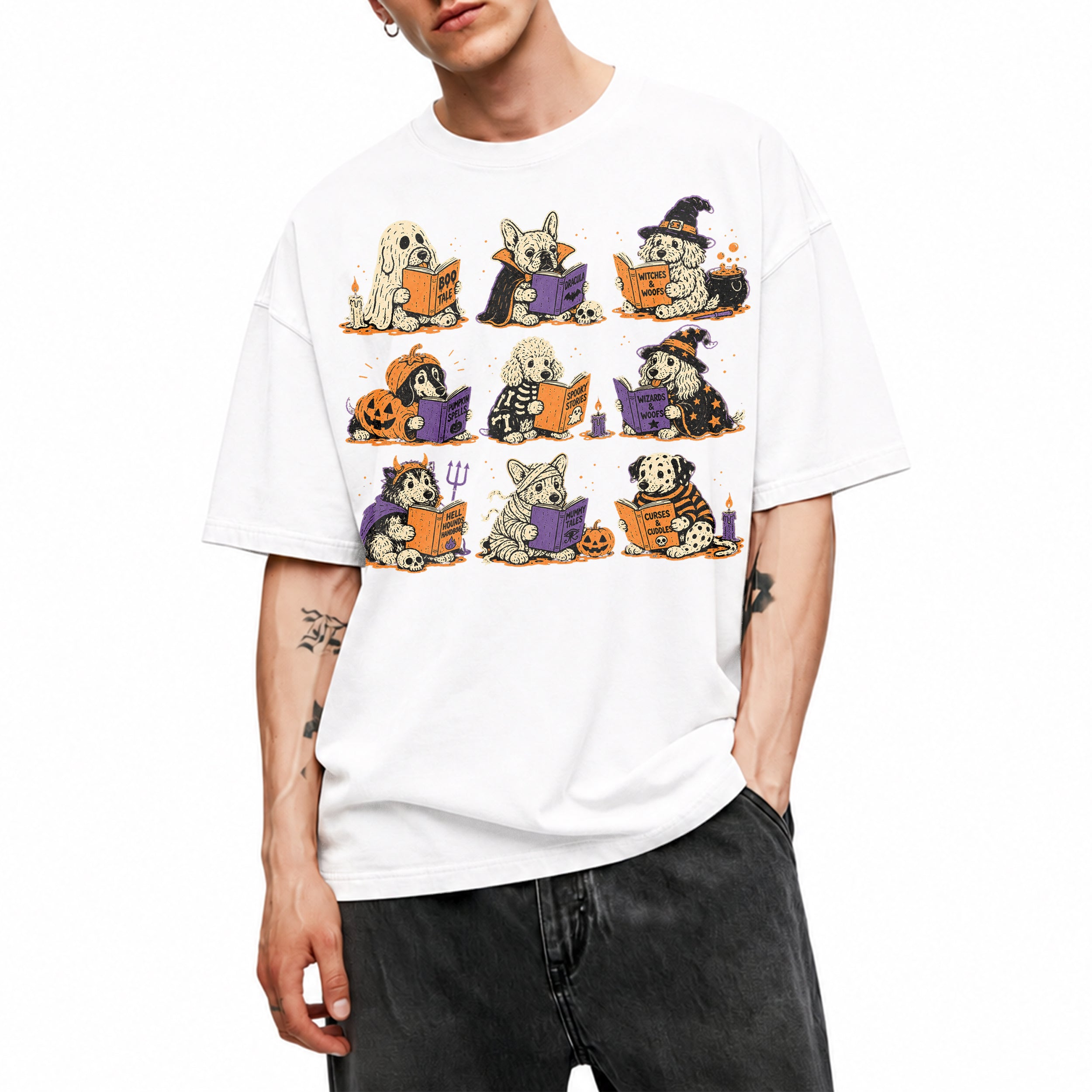SF_COLOR=white; SF_ITEM=adult-t-shirt; SF_ROLE=gallery; Funny Halloween Dogs Reading T-Shirt Spooky Puppy Costumes Retro Comic Apparel - White Adult T-Shirt product image