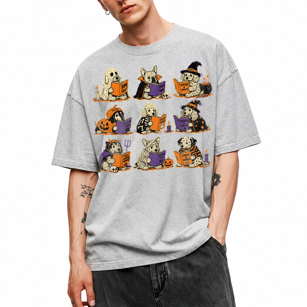 SF_COLOR=sport-grey; SF_ITEM=adult-t-shirt; SF_ROLE=gallery; Funny Halloween Dogs Reading T-Shirt Spooky Puppy Costumes Retro Comic Apparel - Sport Grey Adult T-Shirt product image