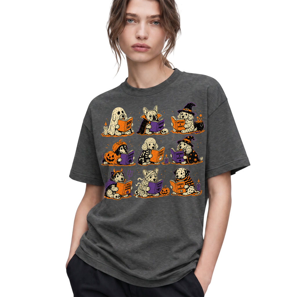 SF_COLOR=dark-heather; SF_ITEM=adult-t-shirt; SF_ROLE=gallery; Funny Halloween Dogs Reading T-Shirt Spooky Puppy Costumes Retro Comic Apparel - Dark Heather Adult T-Shirt product image