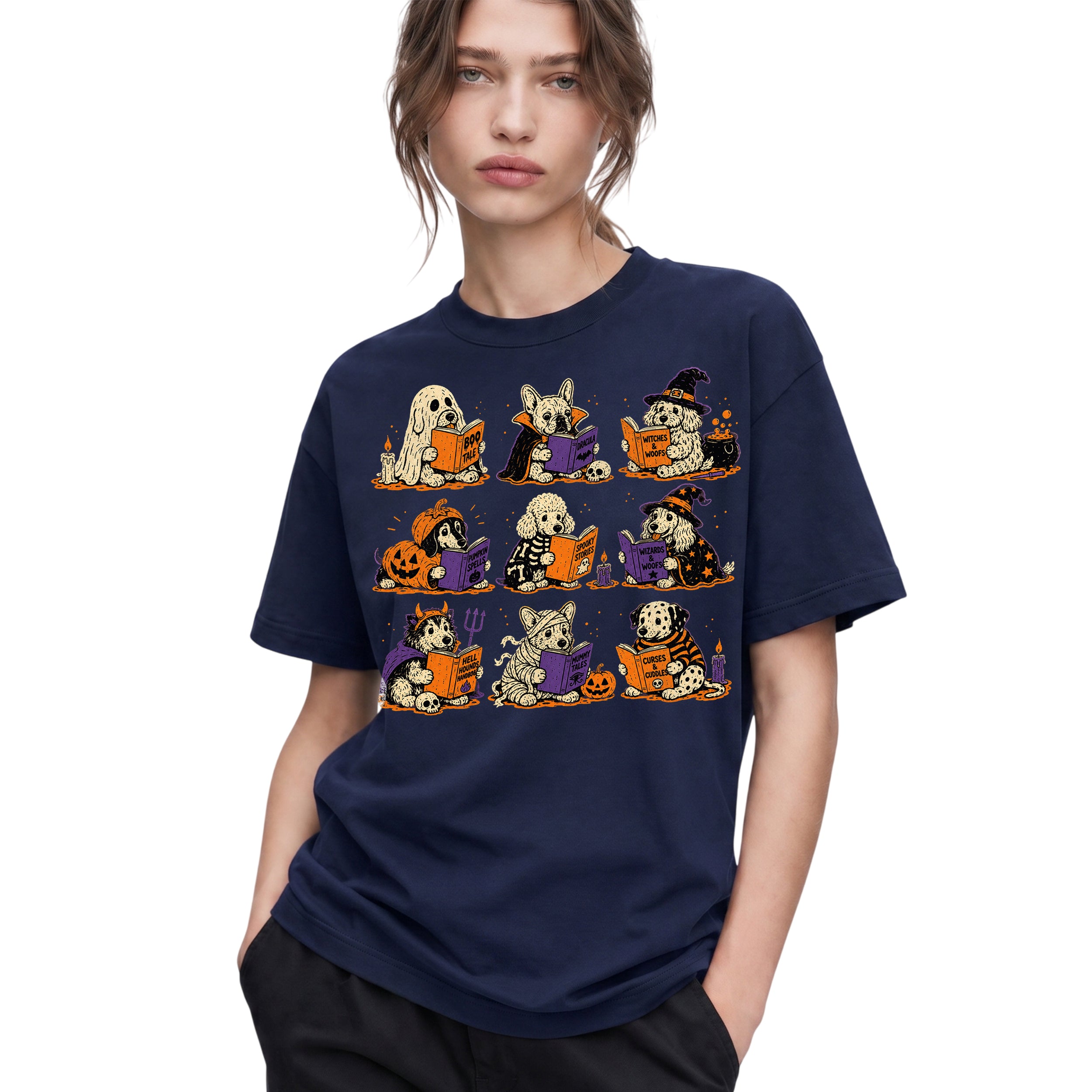 SF_COLOR=navy; SF_ITEM=adult-t-shirt; SF_ROLE=gallery; Funny Halloween Dogs Reading T-Shirt Spooky Puppy Costumes Retro Comic Apparel - Navy Adult T-Shirt product image
