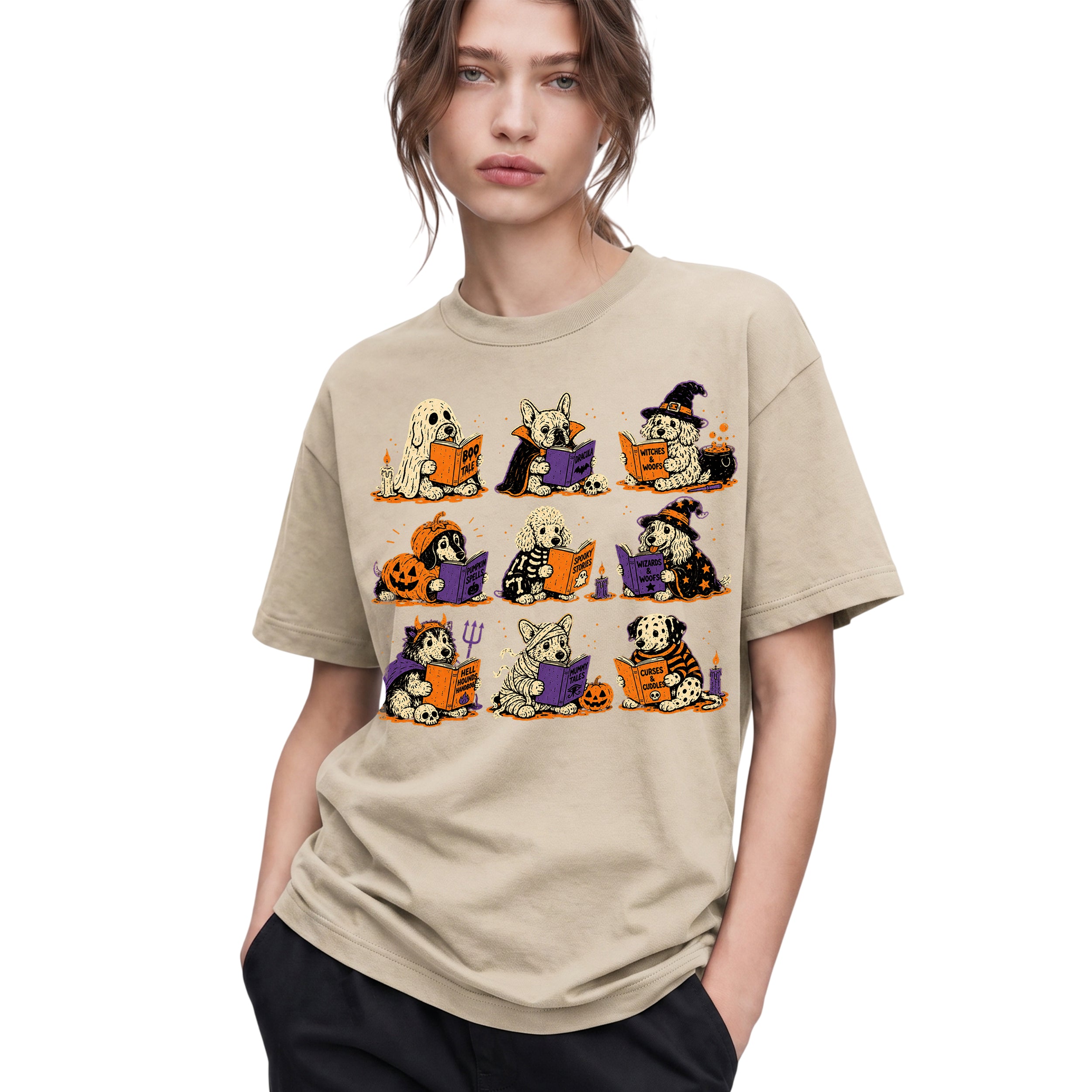 SF_COLOR=sand; SF_ITEM=adult-t-shirt; SF_ROLE=gallery; Funny Halloween Dogs Reading T-Shirt Spooky Puppy Costumes Retro Comic Apparel - Sand Adult T-Shirt product image