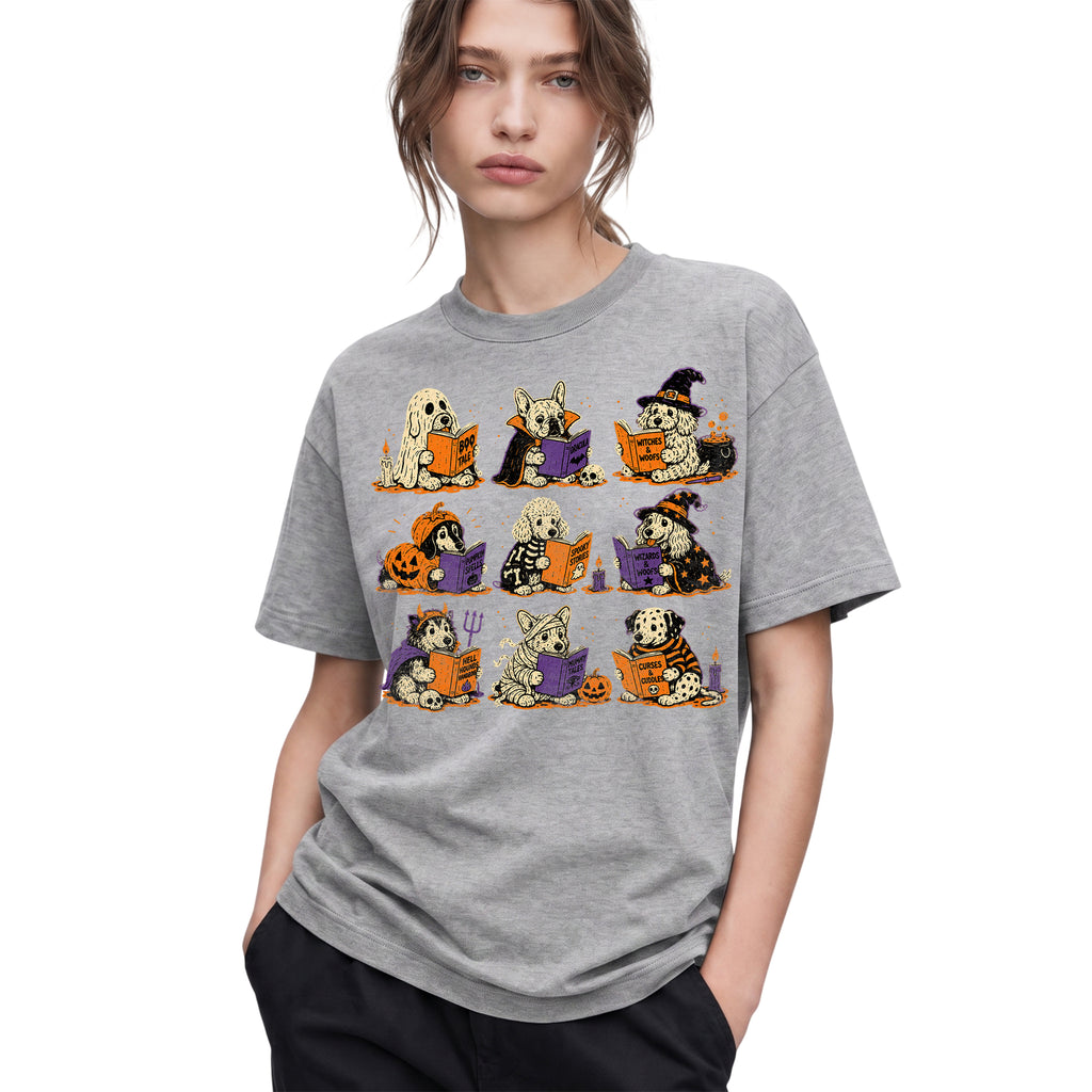 SF_COLOR=sport-grey; SF_ITEM=adult-t-shirt; SF_ROLE=gallery; Funny Halloween Dogs Reading T-Shirt Spooky Puppy Costumes Retro Comic Apparel - Sport Grey Adult T-Shirt product image