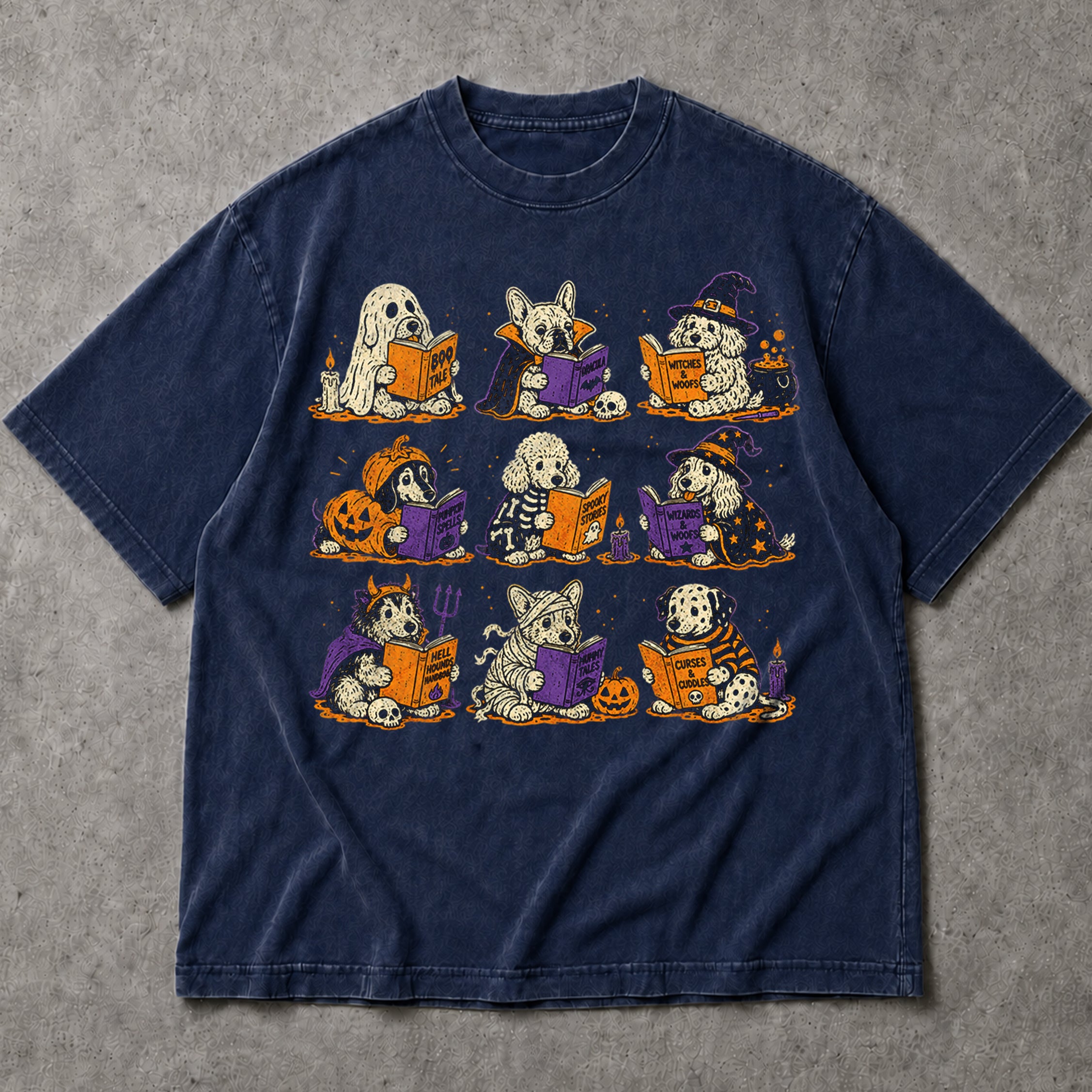 SF_COLOR=navy; SF_ITEM=adult-t-shirt; SF_ROLE=main; Funny Halloween Dogs Reading T-Shirt Spooky Puppy Costumes Retro Comic Apparel - Navy Adult T-Shirt product image