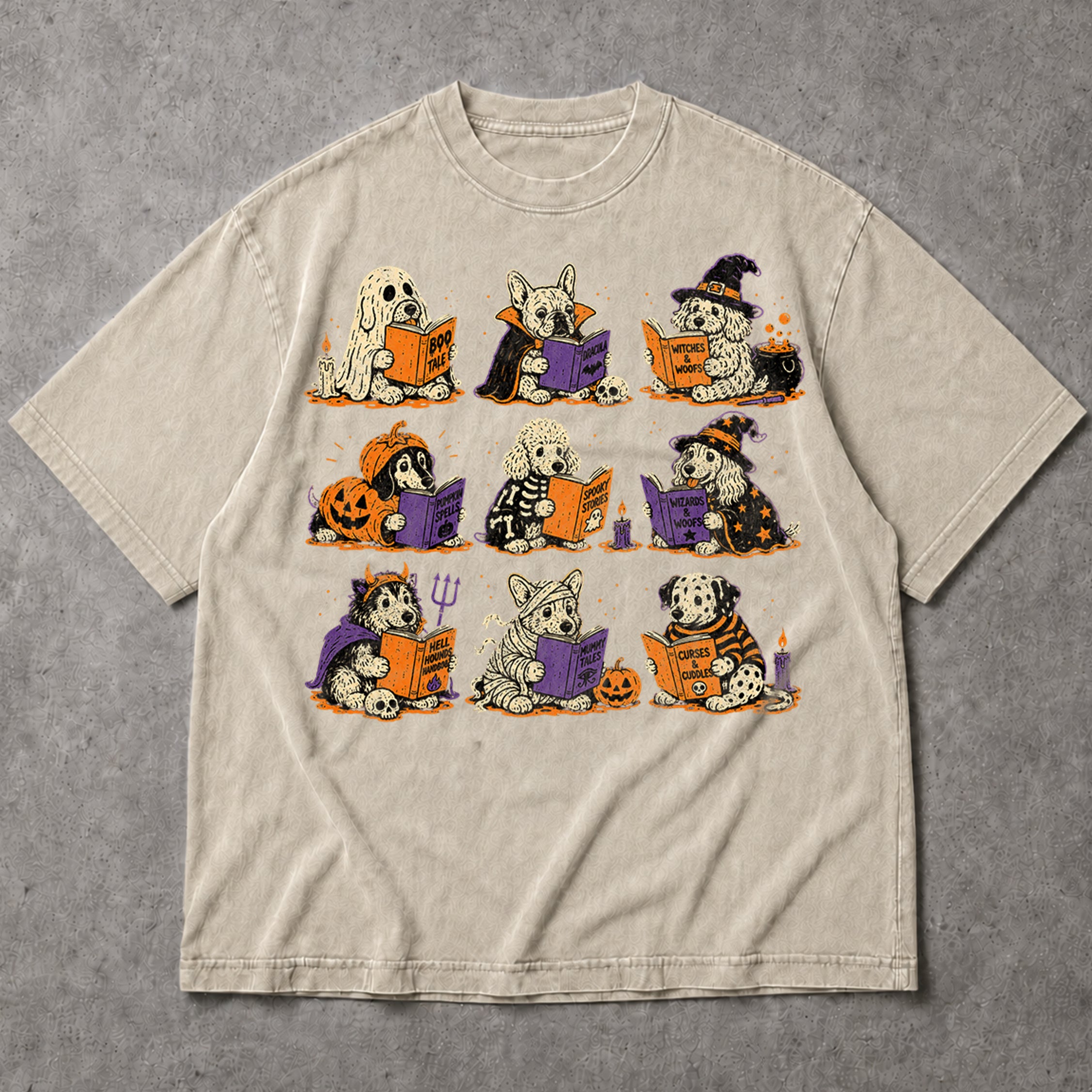 SF_COLOR=sand; SF_ITEM=adult-t-shirt; SF_ROLE=main; Funny Halloween Dogs Reading T-Shirt Spooky Puppy Costumes Retro Comic Apparel - Sand Adult T-Shirt product image