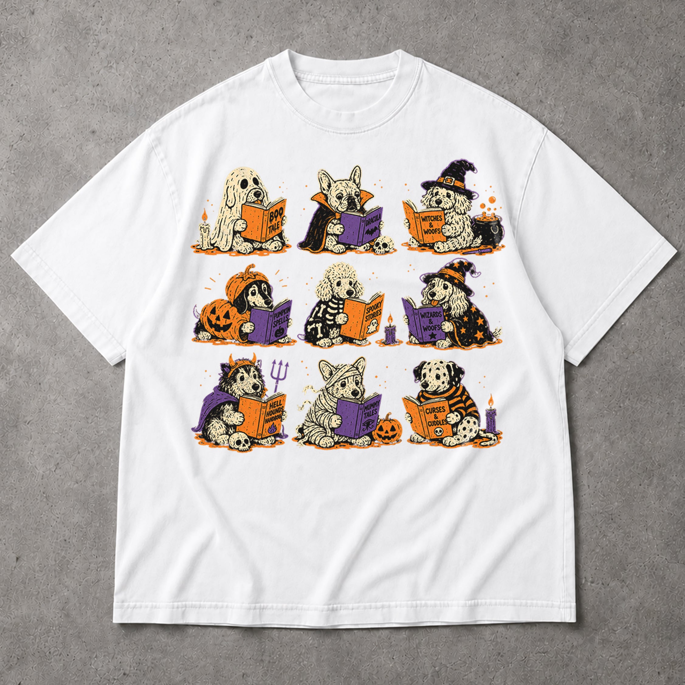 SF_COLOR=white; SF_ITEM=adult-t-shirt; SF_ROLE=main; Funny Halloween Dogs Reading T-Shirt Spooky Puppy Costumes Retro Comic Apparel - White Adult T-Shirt product image
