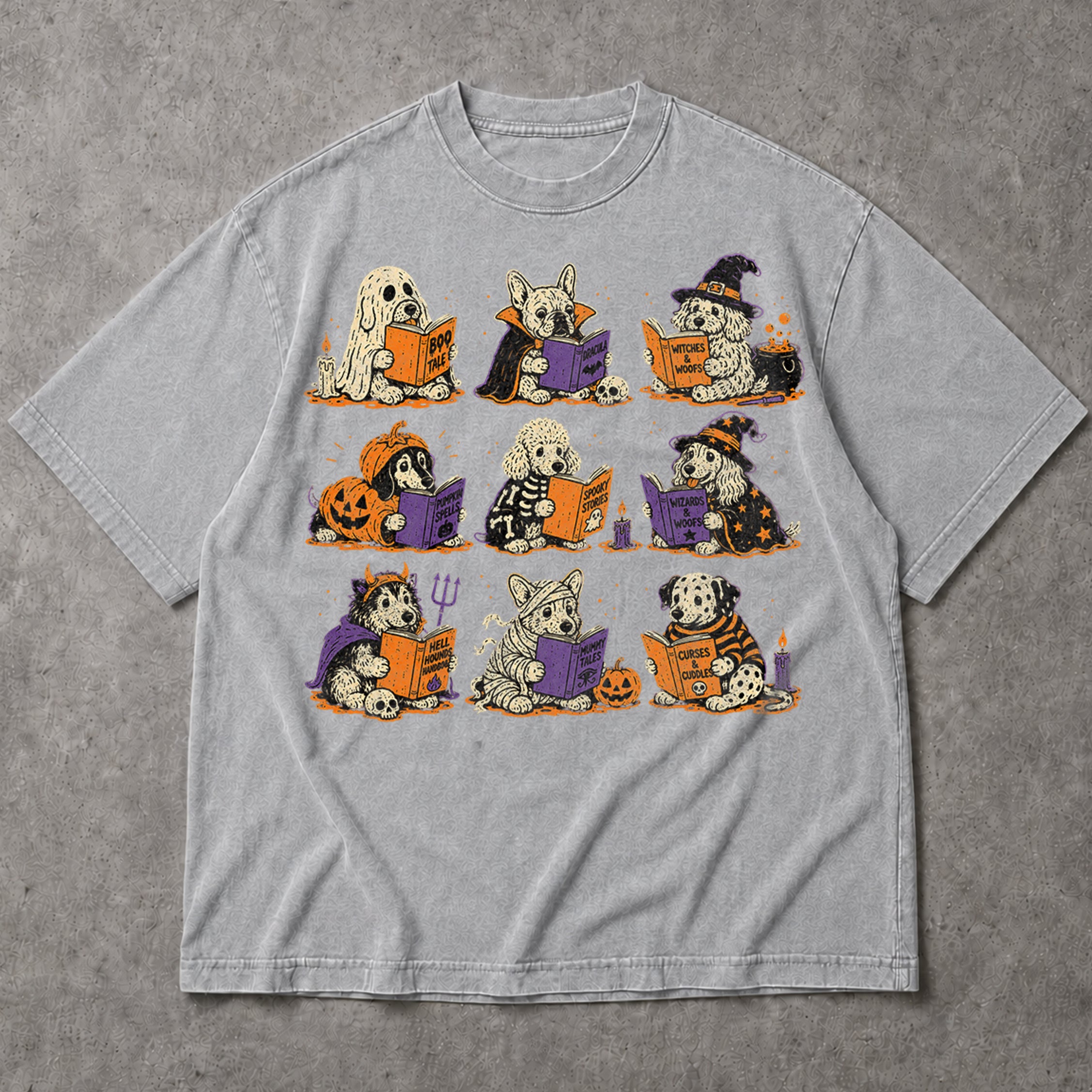 SF_COLOR=sport-grey; SF_ITEM=adult-t-shirt; SF_ROLE=main; Funny Halloween Dogs Reading T-Shirt Spooky Puppy Costumes Retro Comic Apparel - Sport Grey Adult T-Shirt product image