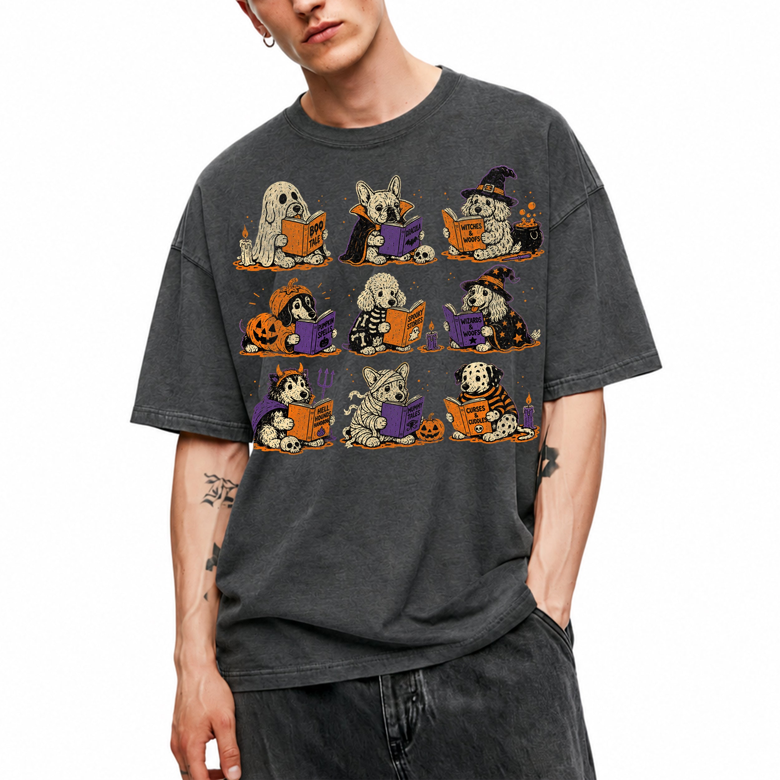 SF_COLOR=dark-heather; SF_ITEM=adult-t-shirt; SF_ROLE=gallery; Funny Halloween Dogs Reading T-Shirt Spooky Puppy Costumes Retro Comic Apparel - Dark Heather Adult T-Shirt product image