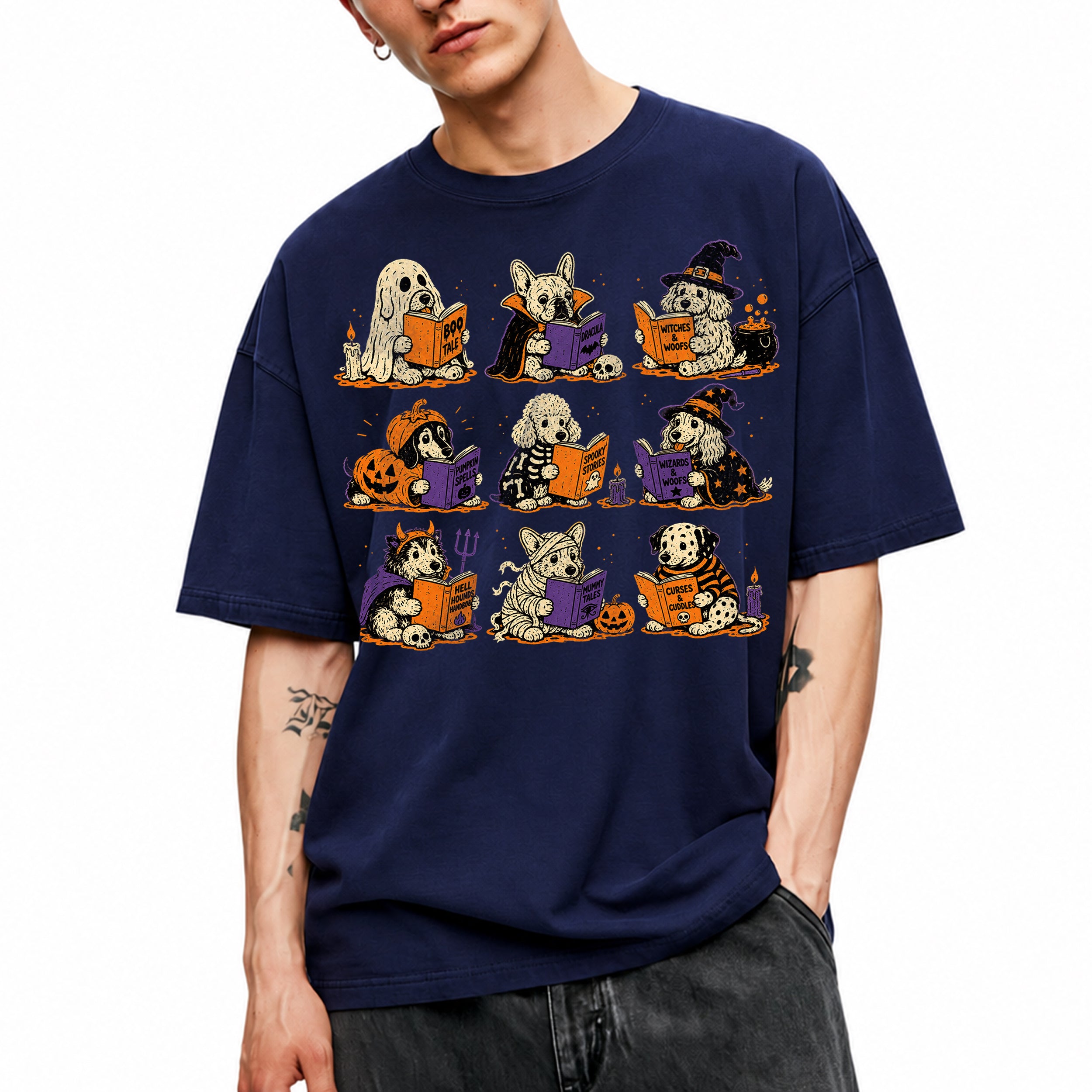 SF_COLOR=navy; SF_ITEM=adult-t-shirt; SF_ROLE=gallery; Funny Halloween Dogs Reading T-Shirt Spooky Puppy Costumes Retro Comic Apparel - Navy Adult T-Shirt product image