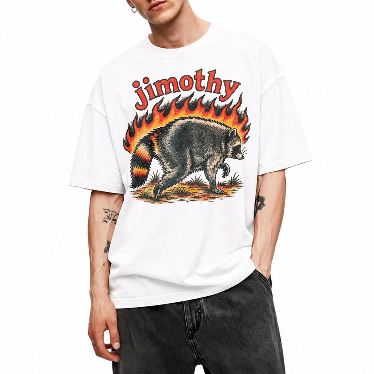 SF_COLOR=white; SF_ITEM=adult-t-shirt; SF_ROLE=main; Funny Jimothy Raccoon On Fire Flames Burning T-Shirt Retro Trash Panda Meme Tee - White Adult T-Shirt product image