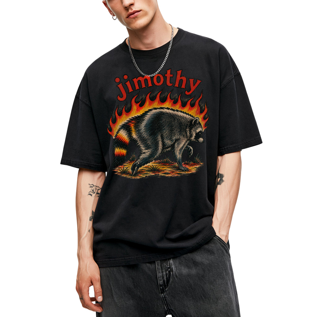 SF_COLOR=black; SF_ITEM=adult-t-shirt; SF_ROLE=main; Funny Jimothy Raccoon On Fire Flames Burning T-Shirt Retro Trash Panda Meme Tee - Black Adult T-Shirt product image