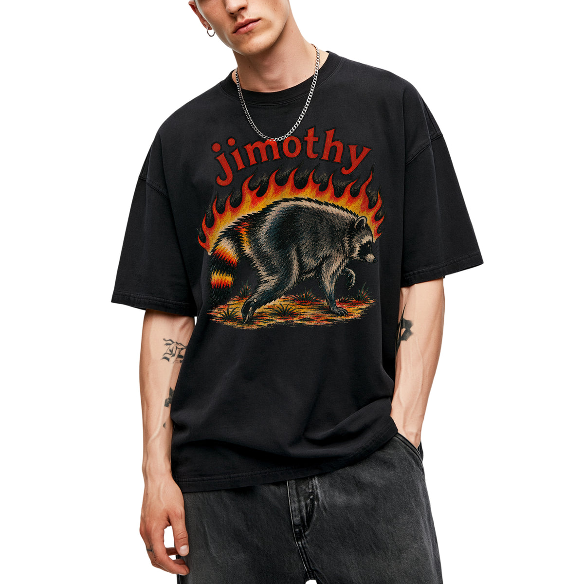 SF_COLOR=black; SF_ITEM=adult-t-shirt; SF_ROLE=main; Funny Jimothy Raccoon On Fire Flames Burning T-Shirt Retro Trash Panda Meme Tee - Black Adult T-Shirt product image
