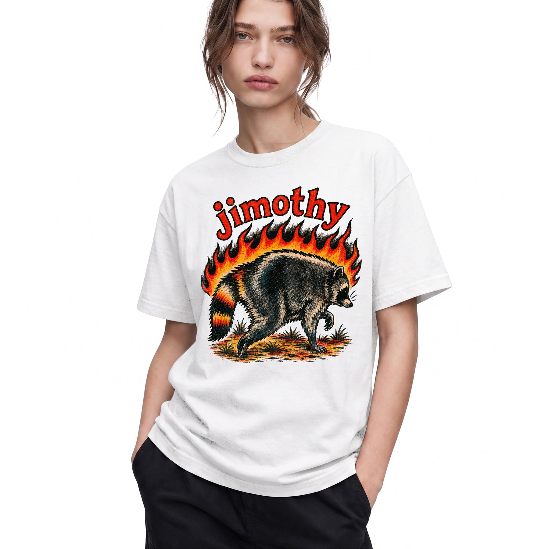 SF_COLOR=white; SF_ITEM=adult-t-shirt; SF_ROLE=gallery; Funny Jimothy Raccoon On Fire Flames Burning T-Shirt Retro Trash Panda Meme Tee - White Adult T-Shirt product image