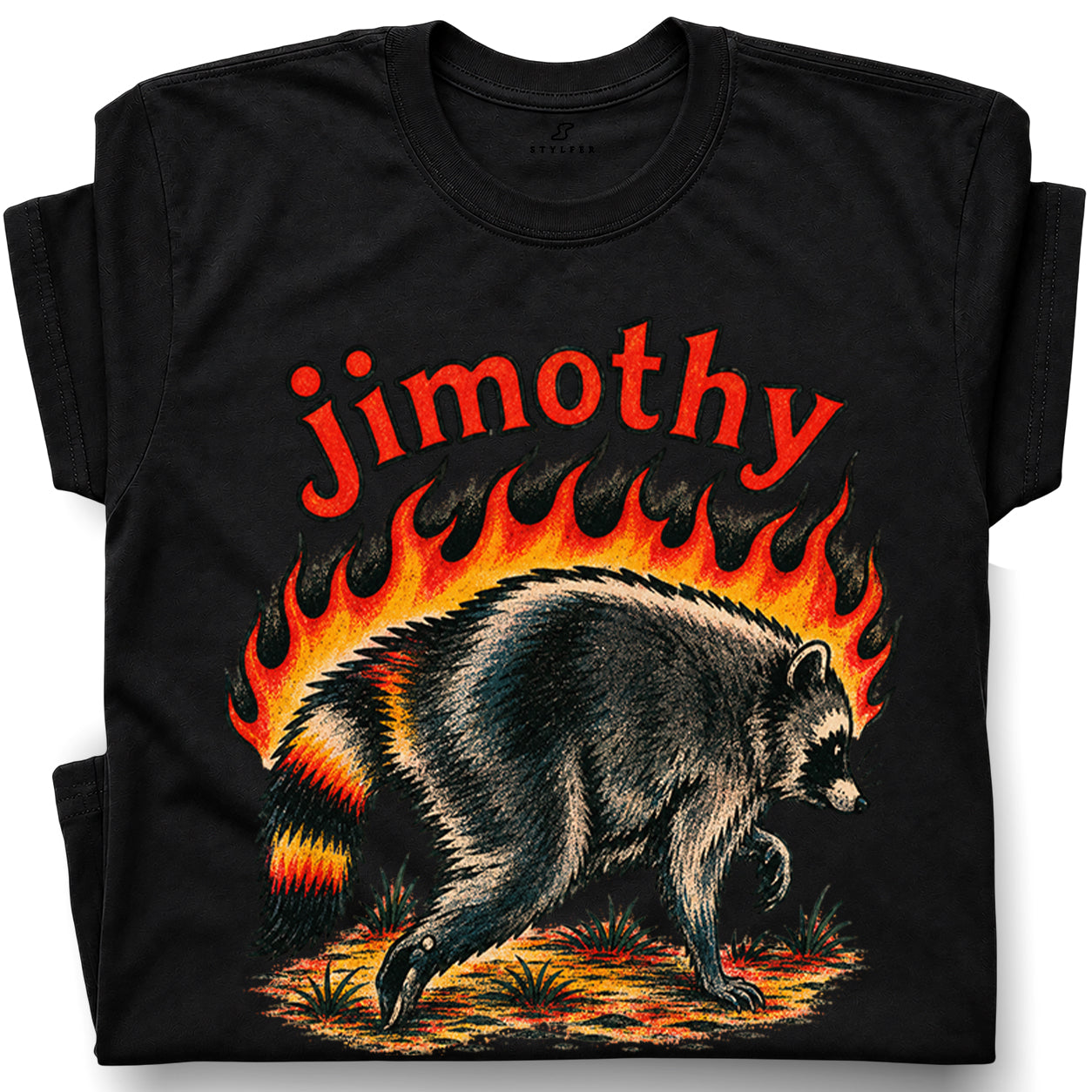 SF_COLOR=black; SF_ITEM=adult-t-shirt; SF_ROLE=gallery; Funny Jimothy Raccoon On Fire Flames Burning T-Shirt Retro Trash Panda Meme Tee - Black Adult T-Shirt product image