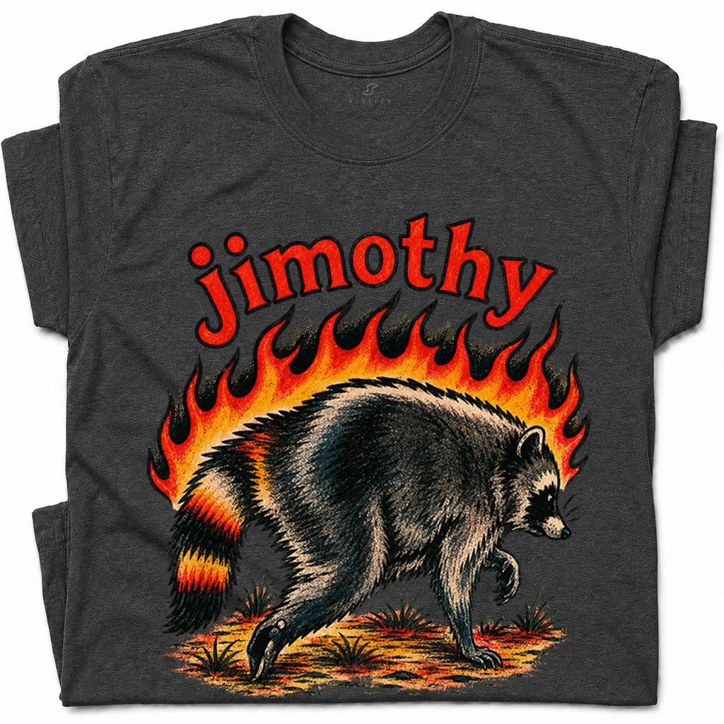 SF_COLOR=dark-heather; SF_ITEM=adult-t-shirt; SF_ROLE=gallery; Funny Jimothy Raccoon On Fire Flames Burning T-Shirt Retro Trash Panda Meme Tee - Dark Heather Adult T-Shirt product image