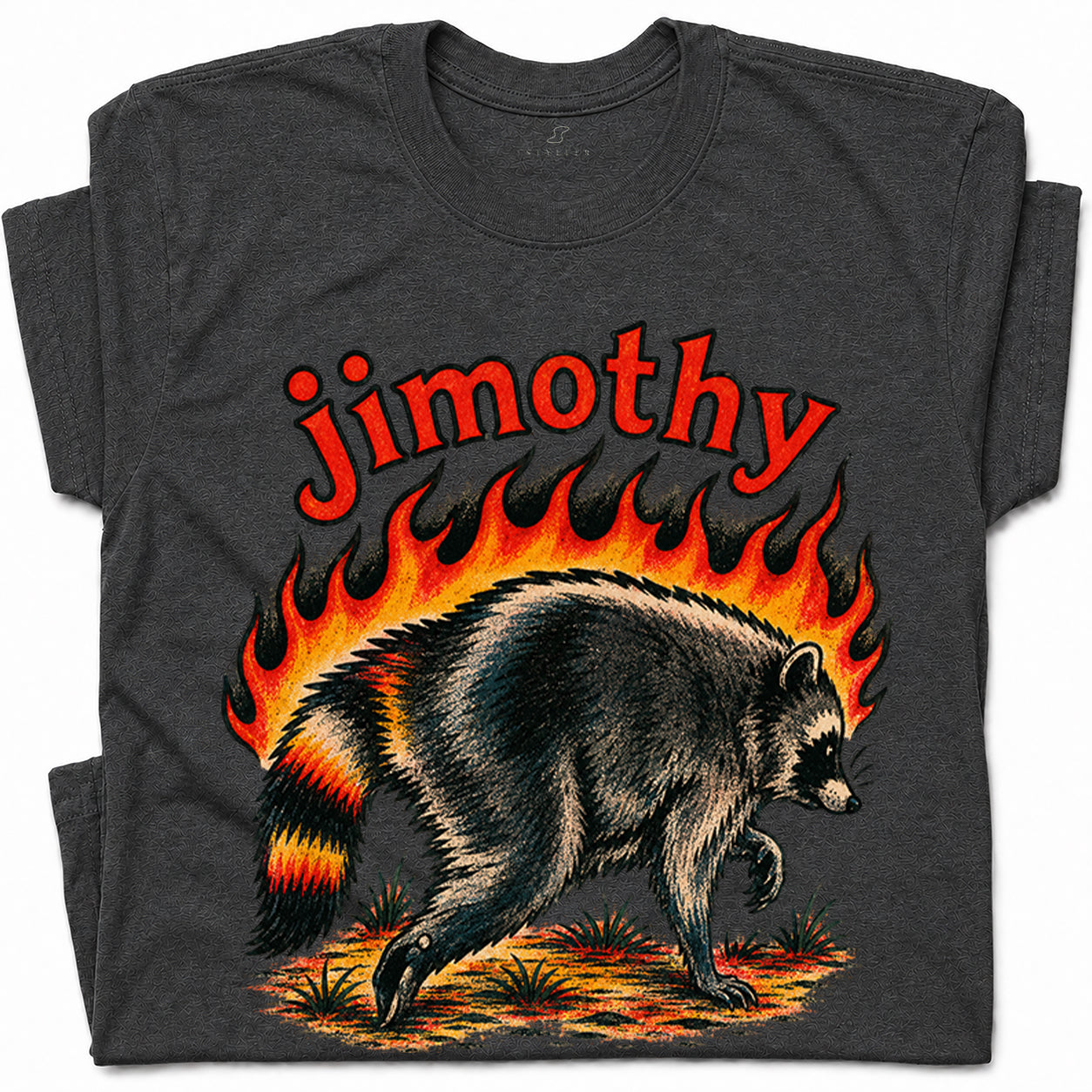 SF_COLOR=dark-heather; SF_ITEM=adult-t-shirt; SF_ROLE=gallery; Funny Jimothy Raccoon On Fire Flames Burning T-Shirt Retro Trash Panda Meme Tee - Dark Heather Adult T-Shirt product image