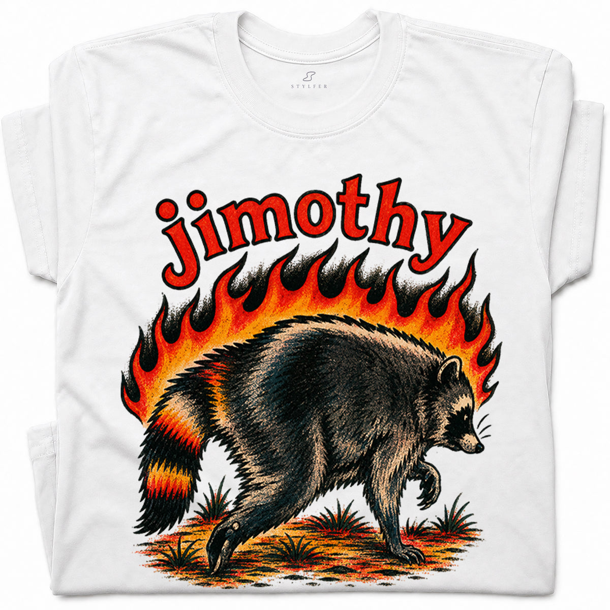 SF_COLOR=white; SF_ITEM=adult-t-shirt; SF_ROLE=gallery; Funny Jimothy Raccoon On Fire Flames Burning T-Shirt Retro Trash Panda Meme Tee - White Adult T-Shirt product image