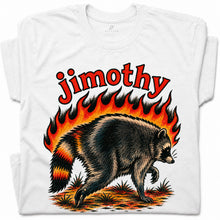 SF_COLOR=white; SF_ITEM=adult-t-shirt; SF_ROLE=gallery; Funny Jimothy Raccoon On Fire Flames Burning T-Shirt Retro Trash Panda Meme Tee - White Adult T-Shirt product image