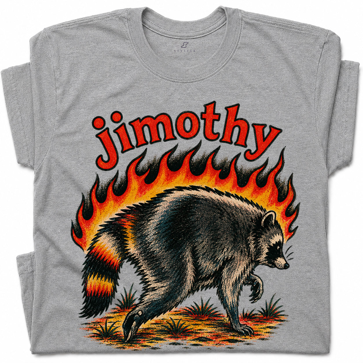 SF_COLOR=sport-grey; SF_ITEM=adult-t-shirt; SF_ROLE=gallery; Funny Jimothy Raccoon On Fire Flames Burning T-Shirt Retro Trash Panda Meme Tee - Sport Grey Adult T-Shirt product image