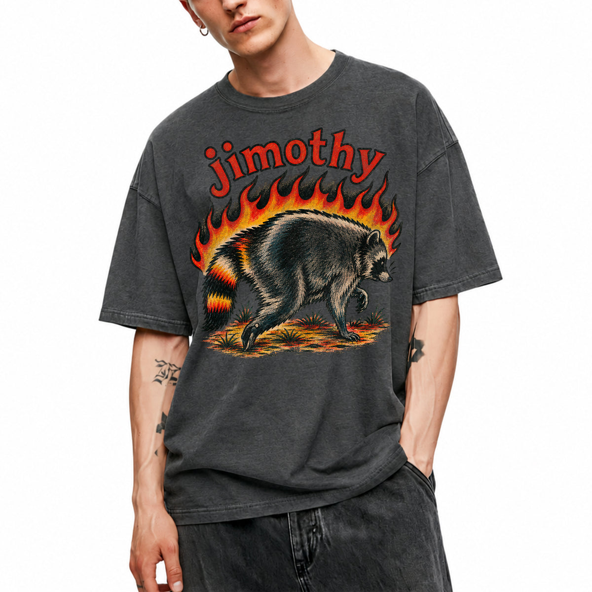 SF_COLOR=dark-heather; SF_ITEM=adult-t-shirt; SF_ROLE=main; Funny Jimothy Raccoon On Fire Flames Burning T-Shirt Retro Trash Panda Meme Tee - Dark Heather Adult T-Shirt product image