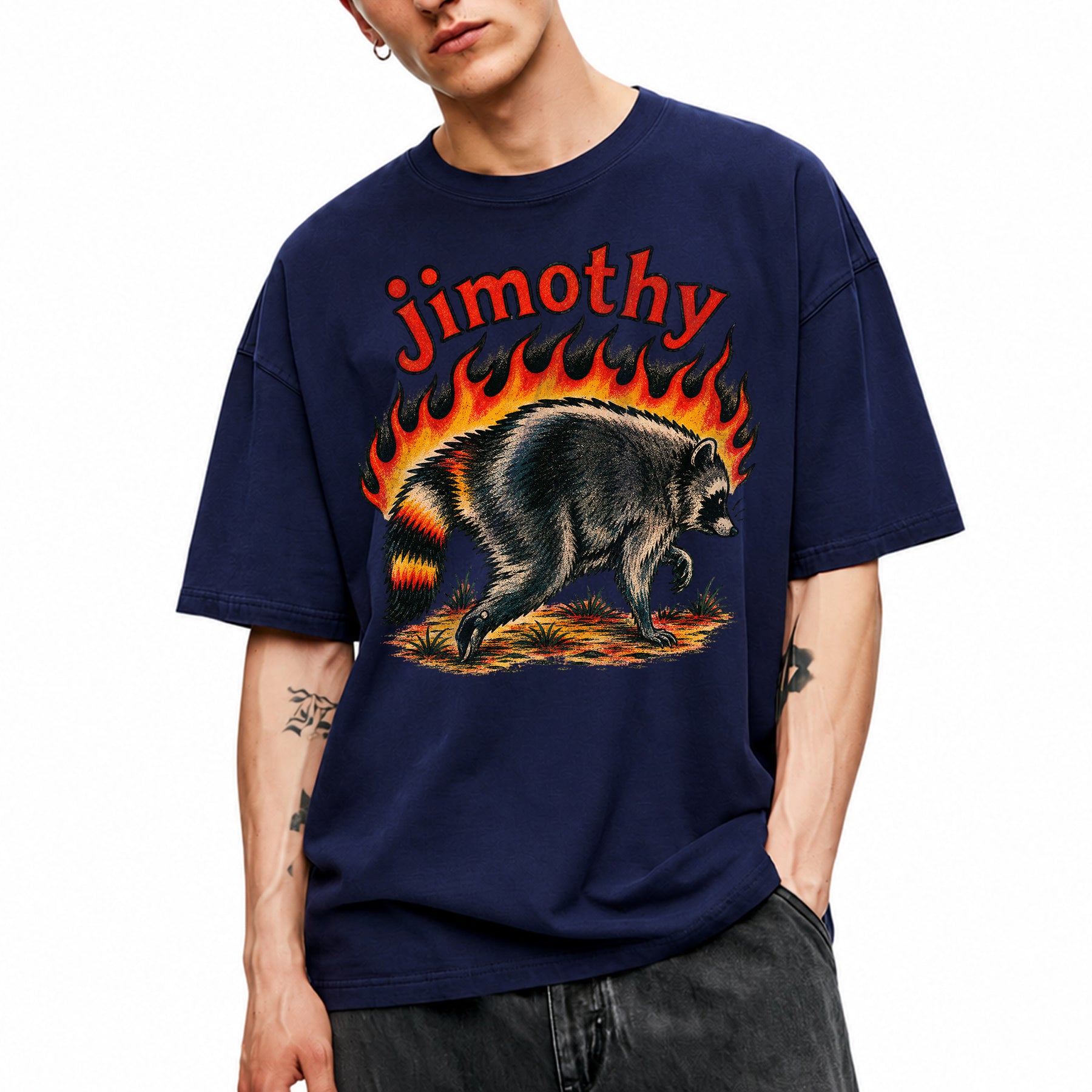 SF_COLOR=navy; SF_ITEM=adult-t-shirt; SF_ROLE=main; Funny Jimothy Raccoon On Fire Flames Burning T-Shirt Retro Trash Panda Meme Tee - Navy Adult T-Shirt product image