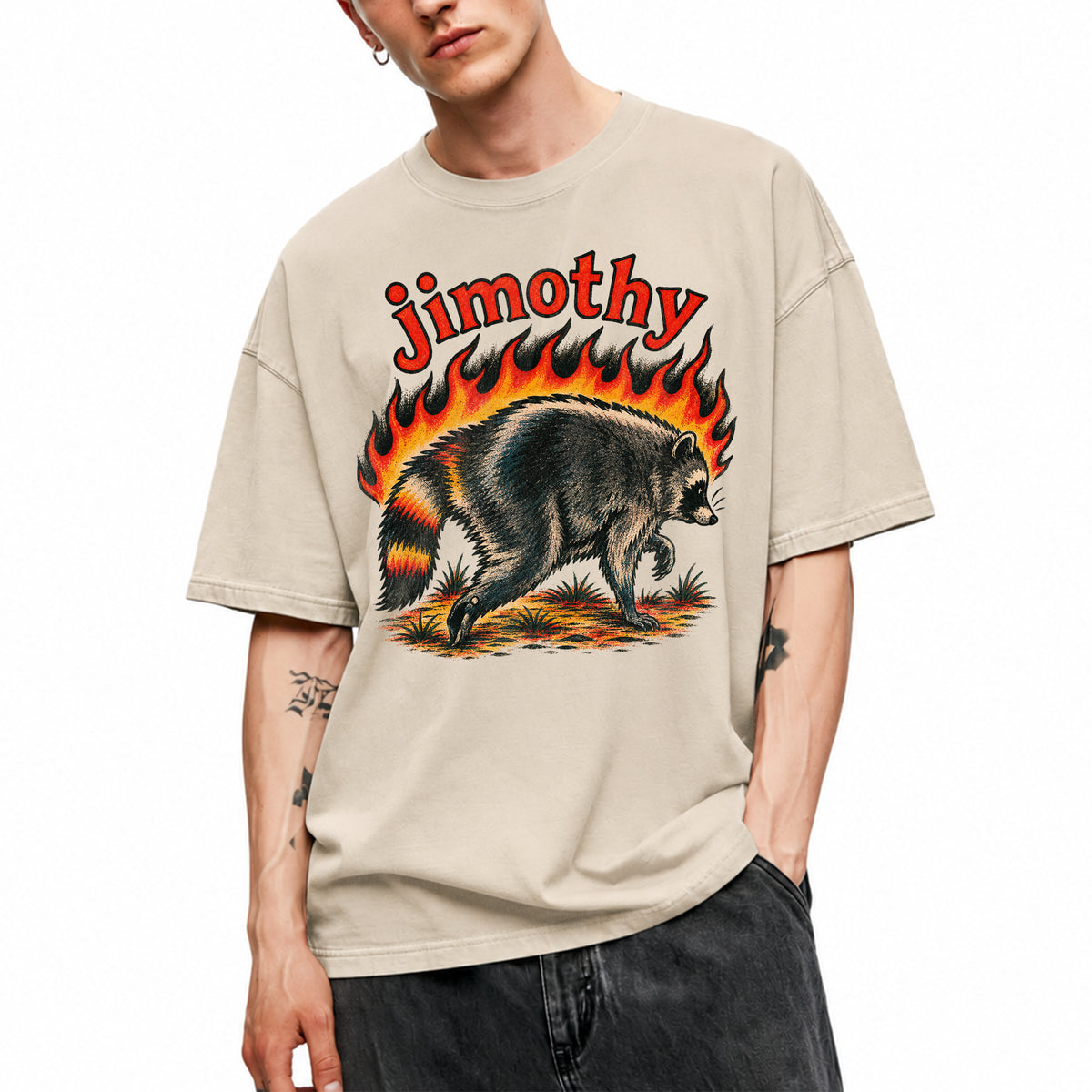 SF_COLOR=sand; SF_ITEM=adult-t-shirt; SF_ROLE=main; Funny Jimothy Raccoon On Fire Flames Burning T-Shirt Retro Trash Panda Meme Tee - Sand Adult T-Shirt product image