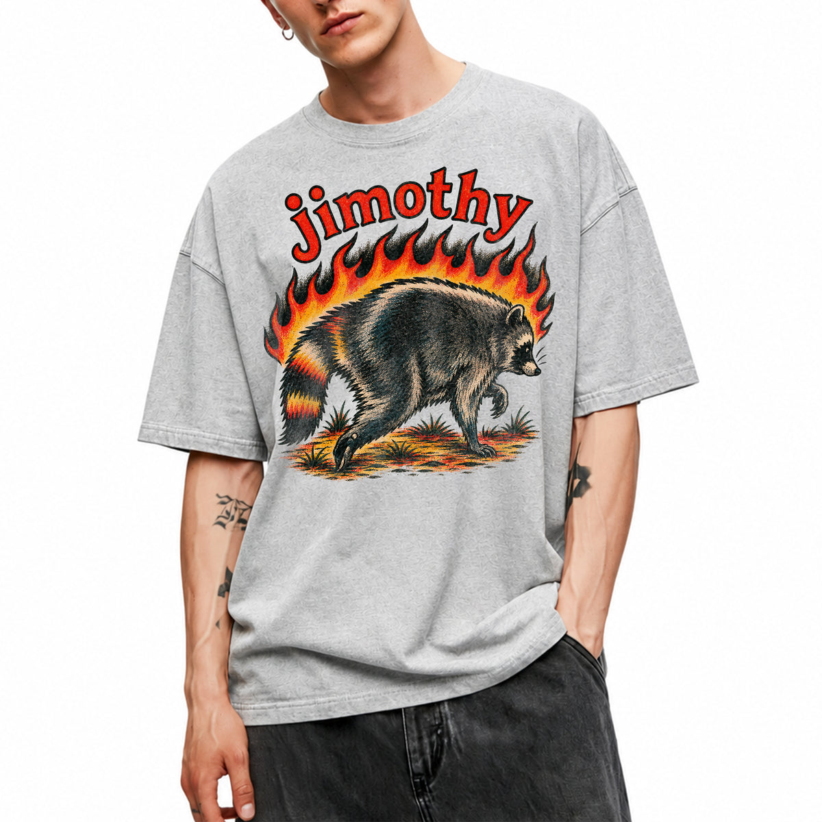 SF_COLOR=sport-grey; SF_ITEM=adult-t-shirt; SF_ROLE=main; Funny Jimothy Raccoon On Fire Flames Burning T-Shirt Retro Trash Panda Meme Tee - Sport Grey Adult T-Shirt product image